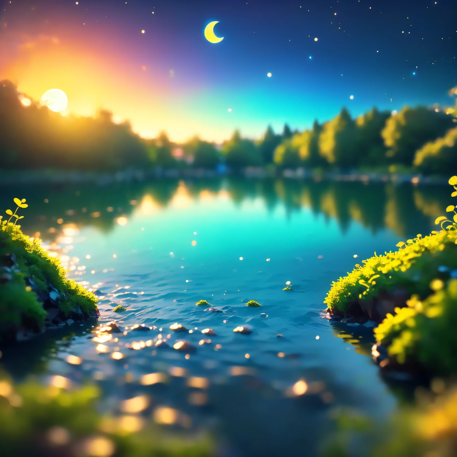 8K quality,(super masterpiece:1.3), best quality, detailed images,Lego AI(moss,水moss,lake,lake畔,moon, starry sky ,background(Sunset sea,Sunset sky, gradient )).