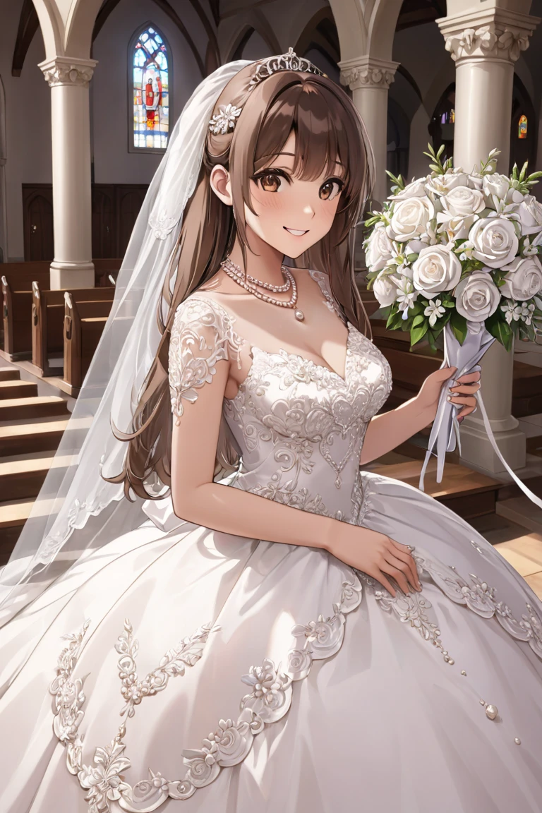 ((( best quality, 8k, masterpiece: 1.3)), (( best quality)), ((masterpiece)), (  Details),  perfect face,  perfect body, (  Details skin:1.3), ( intricate detail), ball gown wedding dress,  pearl necklace , bouquet,  brown hair,   straight hair ,  Brown Eyes ,   wedding ring , Chapel,  happy , smile, Alone,  Stained Glass,