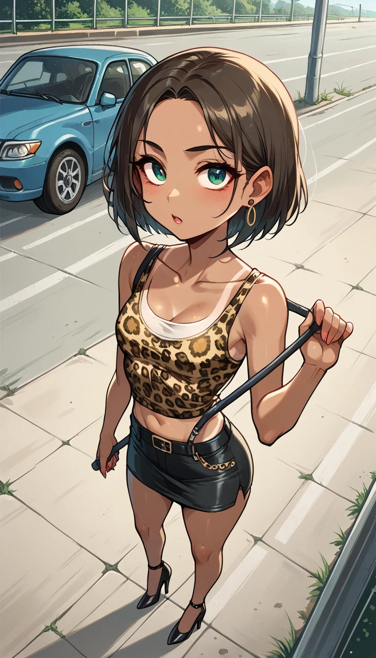 masterpiece, best quality,  a very attractive girl with slightly tanned skin , ,  she wears a leopard print tank top ,  a short black skirt and thigh-high black heels.  In a moderate cartoon .  top view, upper angle. In the middle of a highway , aerial view , angle of drone .