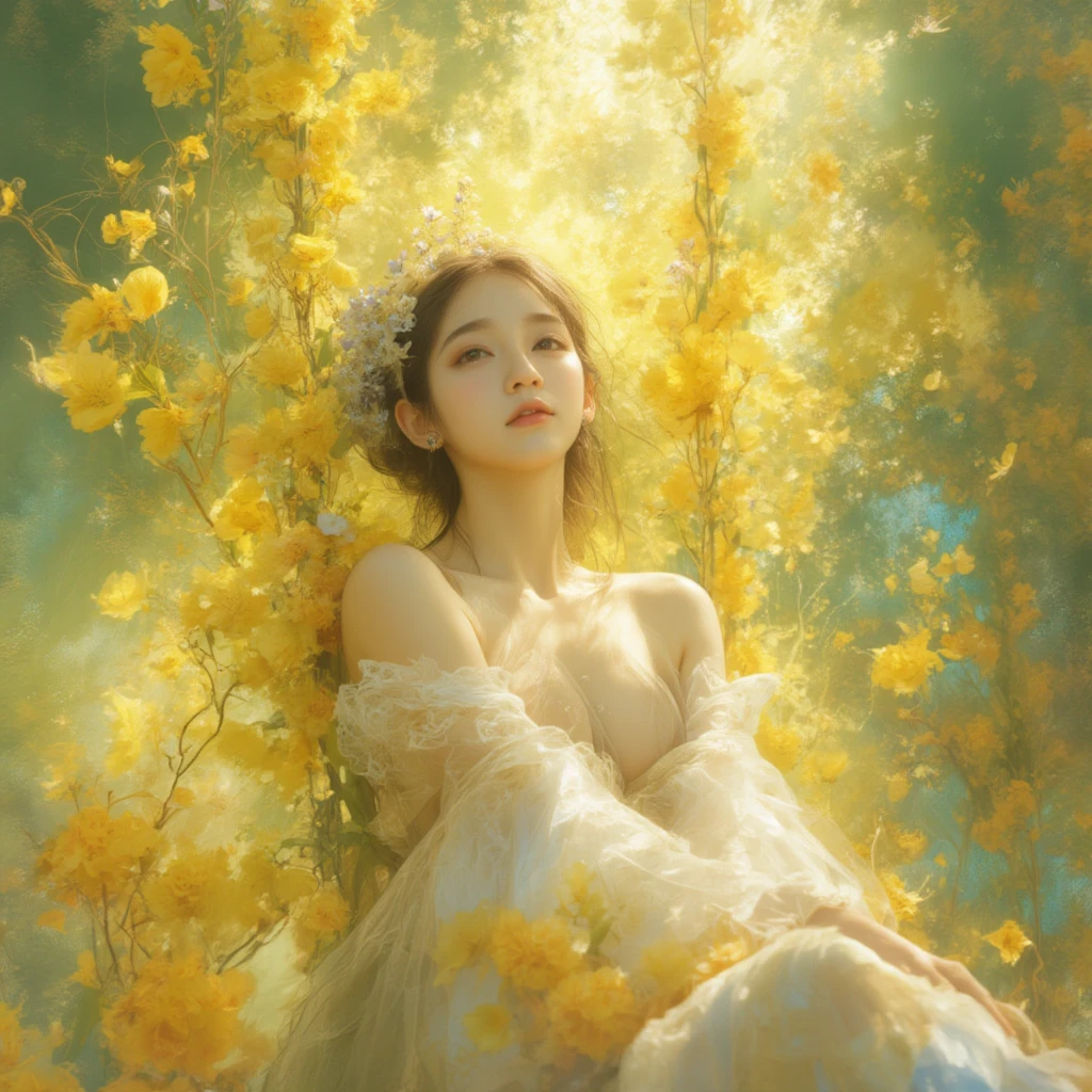 Vector art, featuring a young East-Asian woman with an air of melancholic reverie, ensconced amidst a phantasmagoric bloom of chromatic hues. Rendered in a style reminiscent of Impressionism, the painting employs a vibrant, high-key palette dominated by ethereal yellows and punctuated by strokes of lavender and cerulean. The subject is positioned gracefully on a swing, suspended amidst a riotous profusion of flora, her diaphanous white gown cascading around her in delicate folds.

Her jet-black hair flows softly, framing her serene face with almond-shaped eyes that hold a quiet, wistful expression. The camera angle is slightly low, lending an air of gentle ascension to the composition, as if she is lightly floating amidst the scene.

The background dissolves into an abstract symphony of warm yellows, suggestive of a radiant, sun-drenched afternoon, blending harmoniously with soft teal and orange gradients. The overall ambiance evokes a sense of ephemeral beauty, tinged with a whisper of wistfulness. Symbolist chiaroscuro and tenebrist influences imbue the scene with depth and a subtle interplay of light and shadow, while volumetric lighting and a delicate halation effect enhance the dreamlike quality.

High-contrast details and fine film grain textures accentuate the scene, complemented by a high dynamic range and a gently applied S-curve gamma. The composition is imbued with an ethereal, nostalgic warmth that highlights the fleeting yet radiant beauty of the moment.