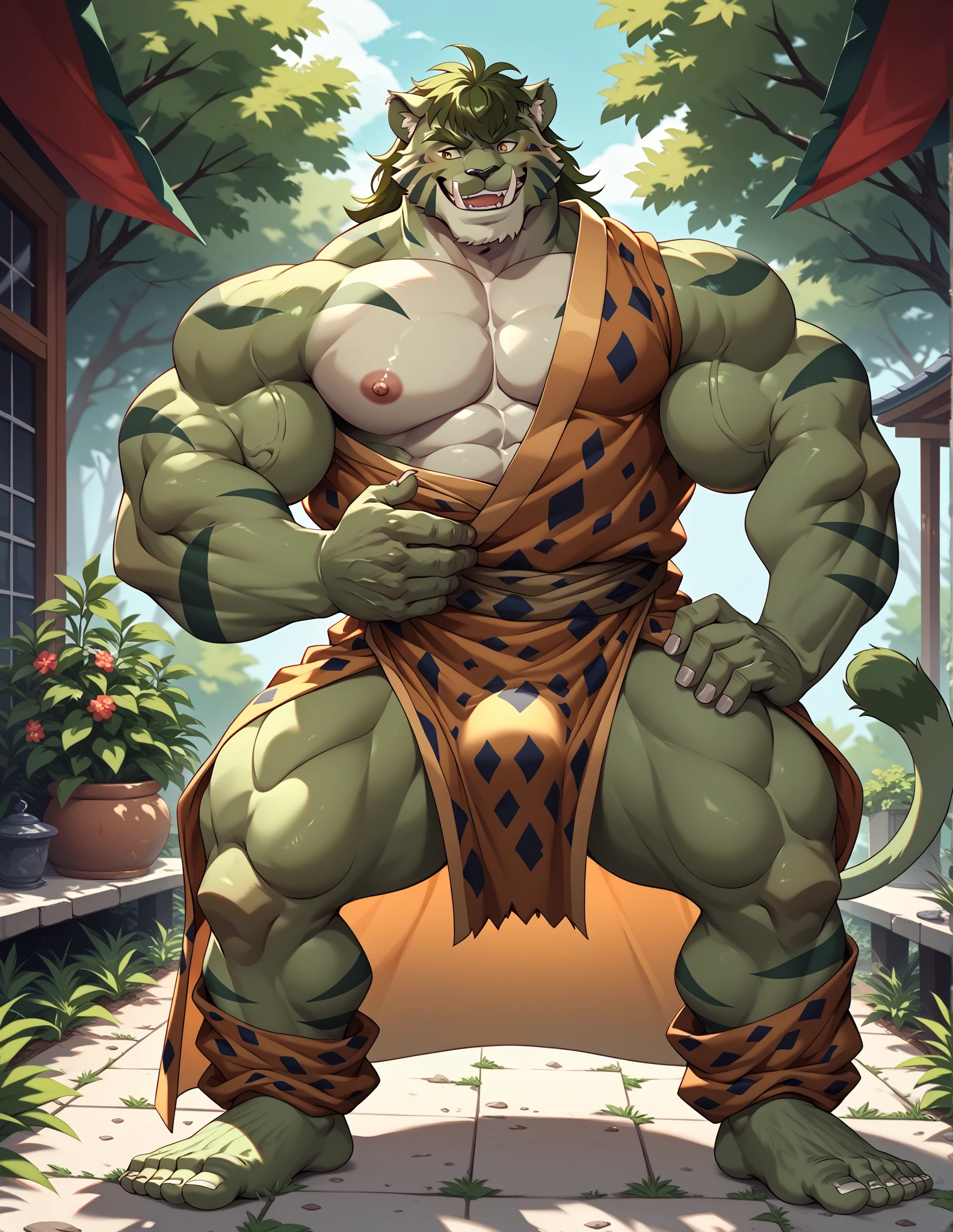 Byakko is standing。Tiger Beastman。male。pale green fur 。Dark green hair。 wearing a leopard-patterned cloth as a primitive human robe。 Muscular Body 。Muscular and thick limbs 。Strong body。barefoot。Exhilarating smile 。