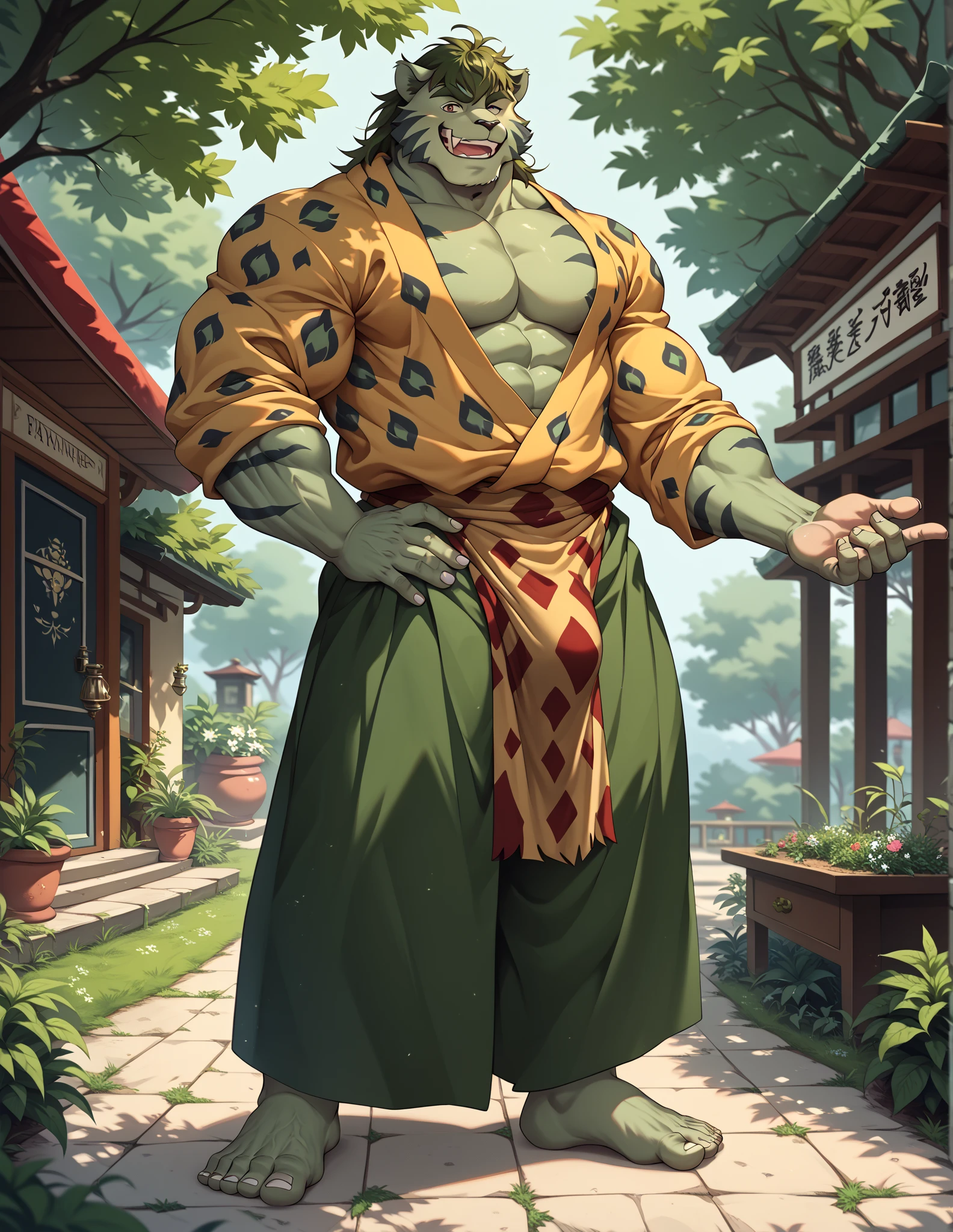 Byakko is standing。Tiger Beastman。male。pale green fur 。Dark green hair。 wearing a leopard-patterned cloth as a primitive human robe。 Muscular Body 。Muscular and thick limbs 。Strong body。barefoot。Exhilarating smile 。