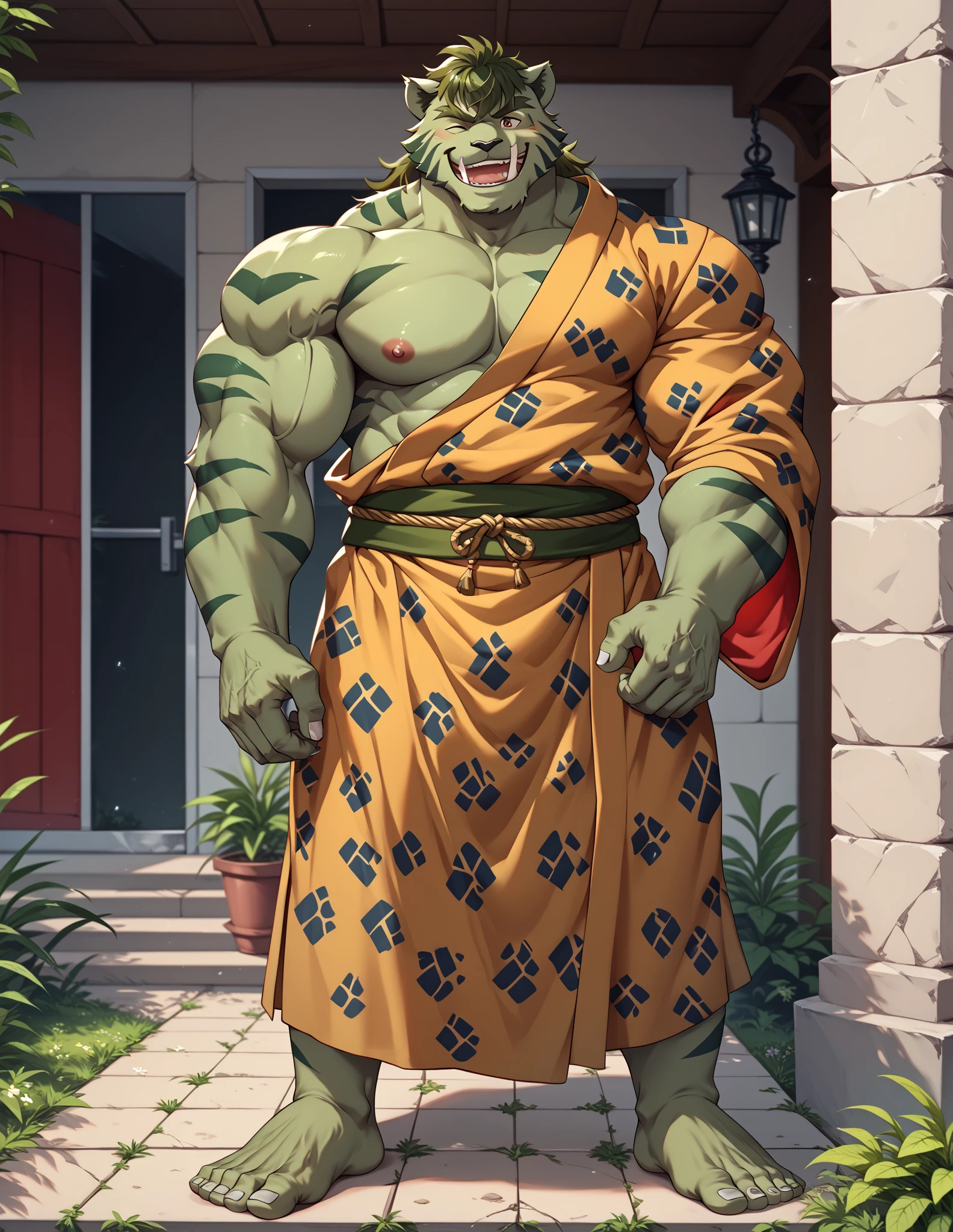 Byakko is standing。Tiger Beastman。male。pale green fur 。Dark green hair。 wearing a leopard-patterned cloth as a primitive human robe。 Muscular Body 。Muscular and thick limbs 。Strong body。barefoot。Exhilarating smile 。