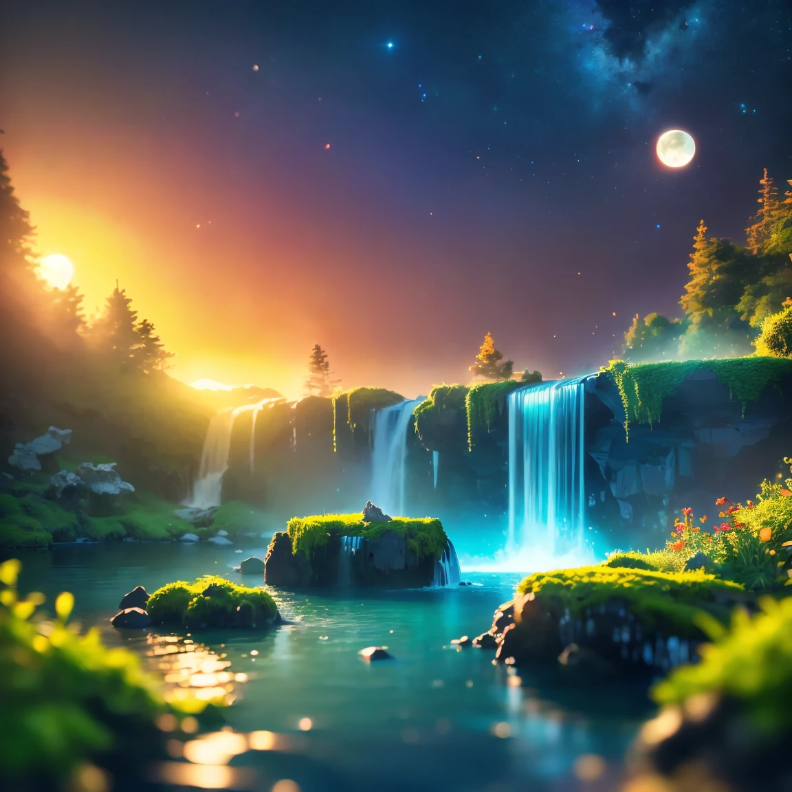 8K quality,(super masterpiece:1.3), best quality, detailed images,Lego AI(waterfall,moss,水moss,lake,lake畔,full moon, starry sky ,background(Sunset sea,Sunset sky, gradient )).