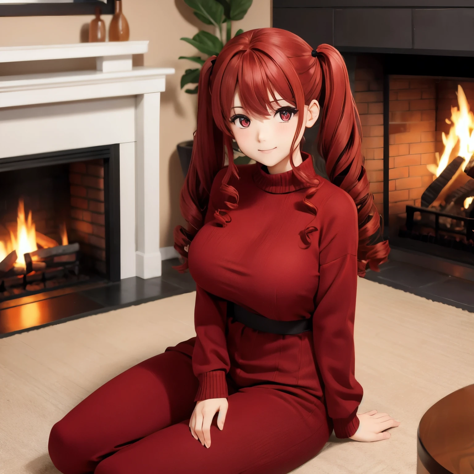  side-top twin tails、Red Curly Hair、bangs、 slim body、 Big Breasts 、 ball shaped breasts 、Red eyes、 red contact lenses、 hair between eyes、Red Hair、Kind Face、drill curls 、 beautiful Japanese woman sitting in front of fireplace 、reality、 plump body 、whole body、indoor、Sit in front of the fireplace 、 sweater and long pants