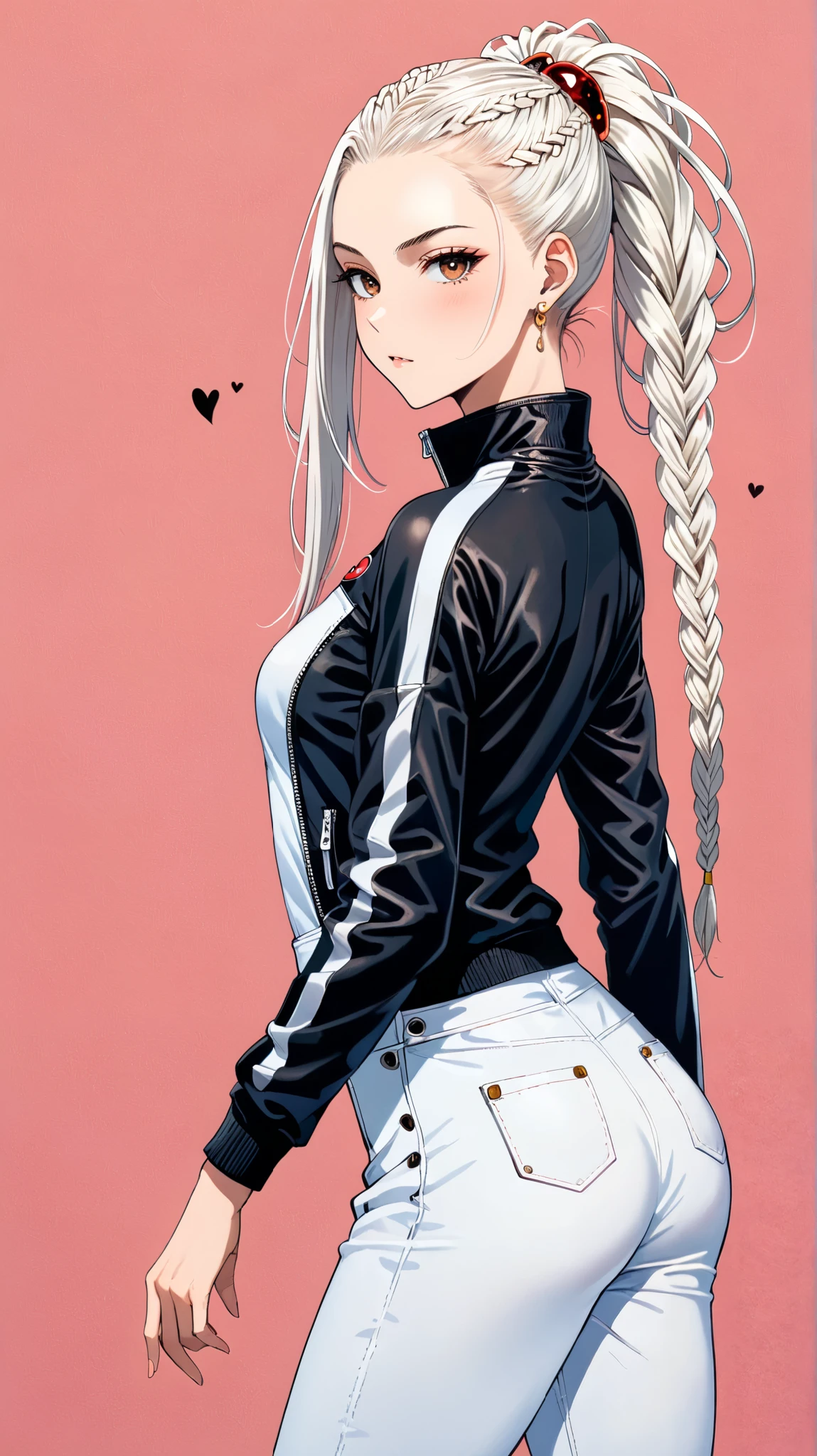 Anime girl with long white hair and a black jacket - SeaArt AI