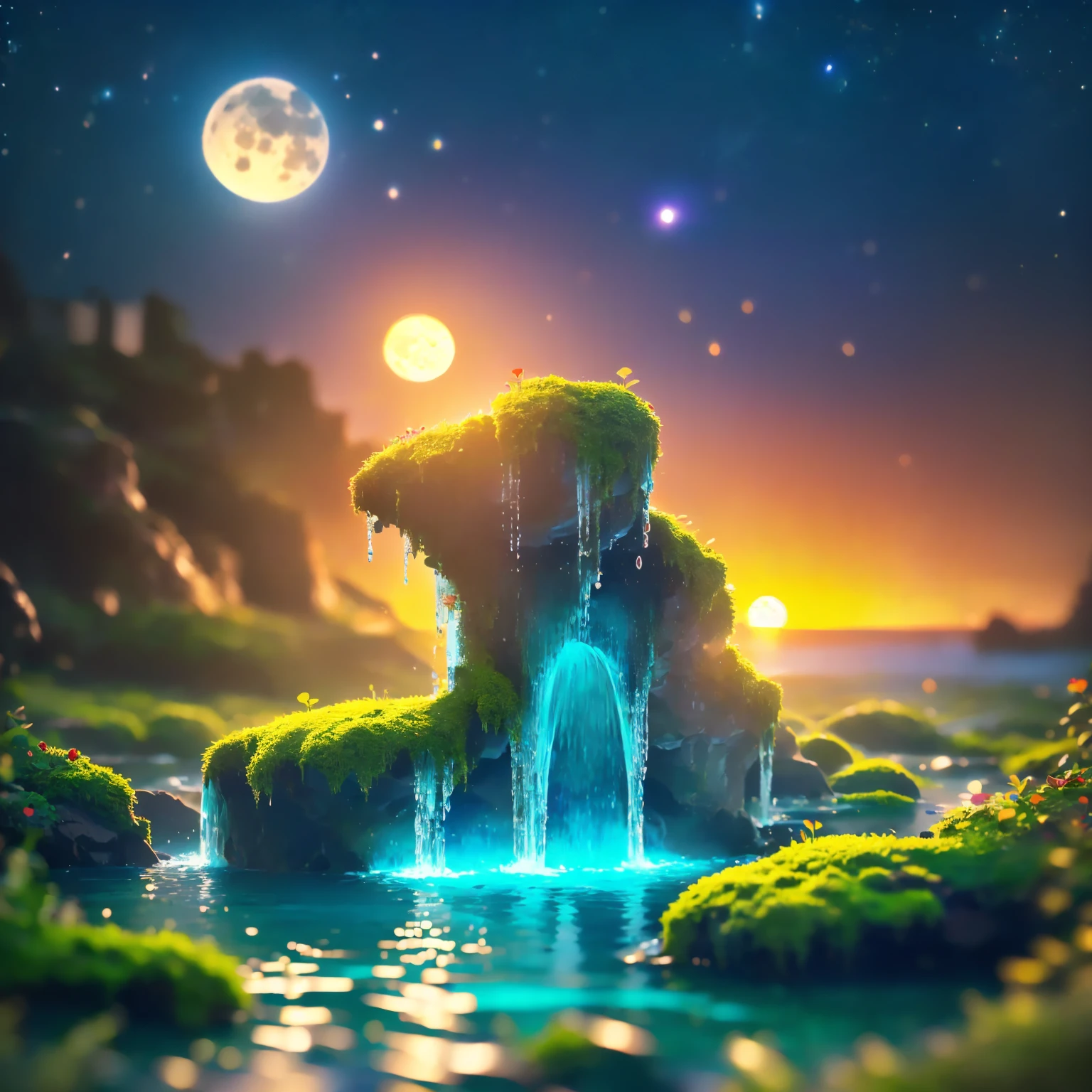 8K quality,(super masterpiece:1.3), best quality, detailed images,Lego AI(waterfall,moss,水moss,lake,lake畔,full moon, starry sky ,background(Sunset sea,Sunset sky, gradient )).