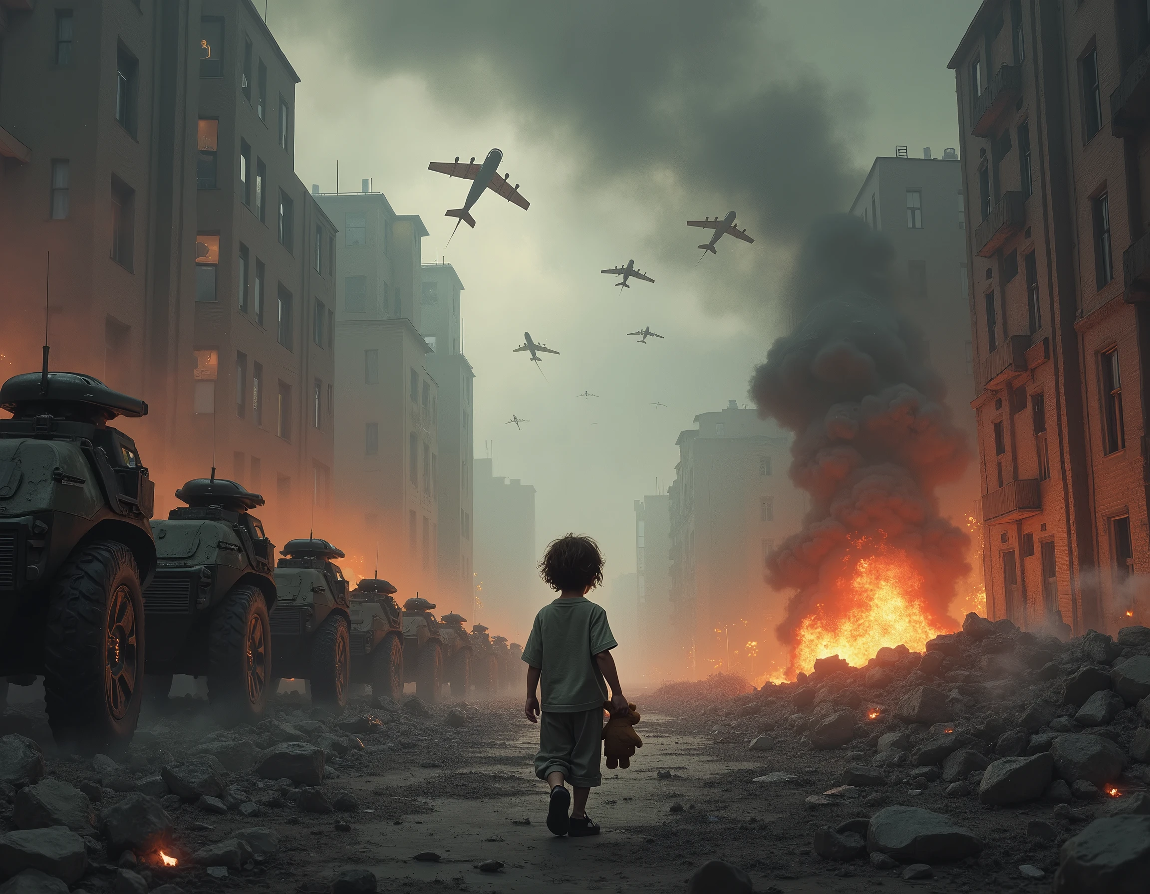 Homeless  boy watching Helicopters and soldiers in sky in destroyed and bombarded city between smoke.