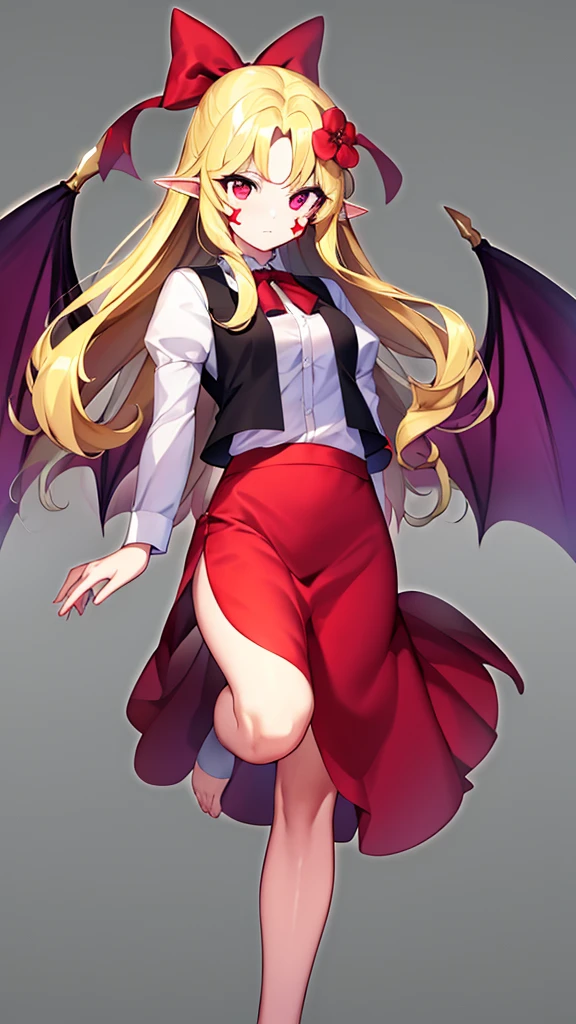 an animated drawing of a female with wings, clean line drawings, ultra cute girl, ultra cute face, ultra detailed eyes, ultra detailed hair, ultra cute, ultra beautiful, ((high end)), (UHD picture), (best quality,4k,8k,highres,masterpiece:1.2), top-quality(​masterpiece), top-quality, ultra-detailed, highly detailed texture, intricate details, high quality textures, masterpiece, best quality, perfect quality, perfect anatomy, perfect body, perfect symmetrical face, perfect hands, perfect feet, (two arms:1.2), (two legs:1.2), (five fingers each:1.2), (perfect joint:1.2), perfect joint movement, precise fingers and hands, 1 beautiful girl, 1 girl, alone, solo, , , ((())), ((ish)), (Best Quality, hight resolution), extremely detailed and lifelike, Vibrant colors, simple background, very long hair, forehead visible bangs, hair flaps, hair ribbon, hair ornament, hair flower, blonde hair, well-formed face, blonde eyes, facial mark, Star-shaped marking on left cheek, devil girl, bat wings, open vest, red vest, red collar, white blouse, long sleeves, long red skirt