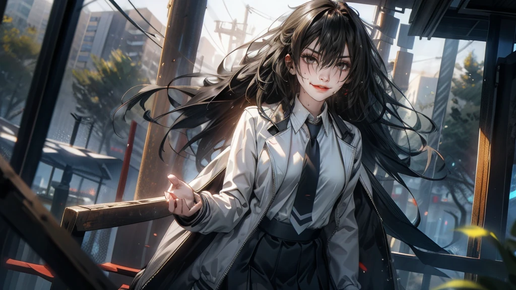 KirukiruAmou, (black hair, long hair, black eyes:1.4),  1girl, skirt, long_hair, necktie, black_hair, power_lines, blue_eyes, solo, pleated_skirt, outdoors, very_long_hair, smile, jacket, shirt, school_uniform, tree, bangs, standing, open_clothes, eyebrows_visible_through_hair, sky, long_sleeves, looking_at_viewer, telephone_pole, black_skirt, blush, hand_in_pocket, wing_collar, miniskirt, white_shirt, cowboy_shot, open_jacket, collared_shirt, bare_tree, hand_up, striped_neckwear, sign, lamppost, fog, steaming body,