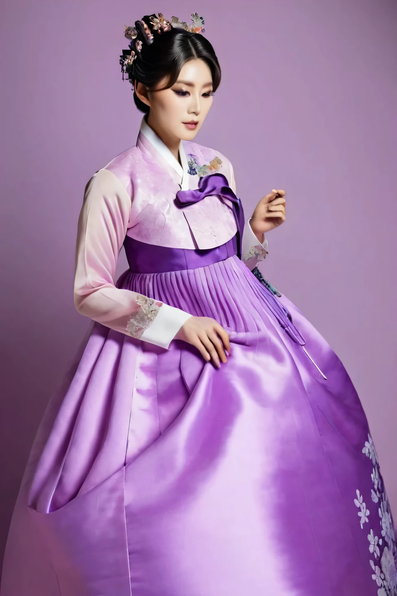 A Korean man in ladies victorian dresses, he is crossdresser, big breasts like a woman, slender female body, His hairstyle is short and manly, long sleeves, purple, hanbok dress, silk, satin, see-through jacket