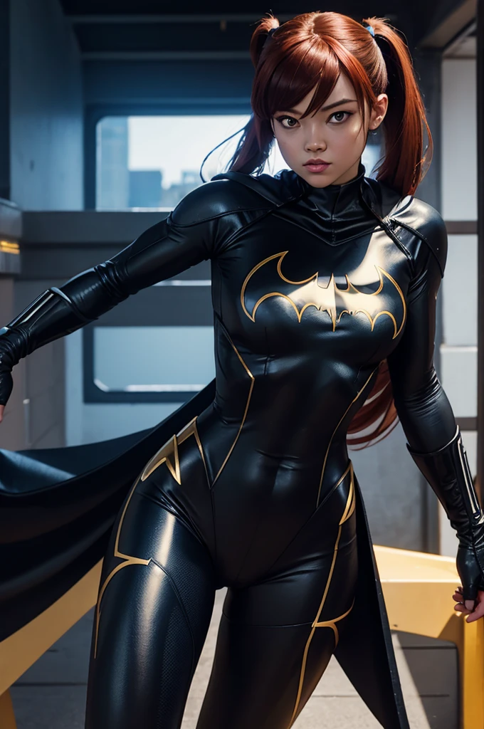 batgirl, pigtails, black and golden zero suit, Extremely beautiful, full body, showing off the curves of the body, wide hips, silver V symbol, golden and black bodysuit, little blue shoe, blue gloves, redhead, red hair, fringe, bangs, cute, blue eyes, full lips, front view, inside a kryptonian ship, 20 years old, cinematic, realistic, 8k, african,
