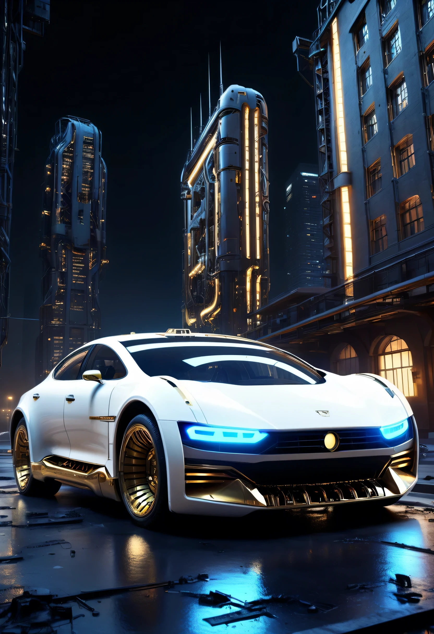 DonM5yn1hXL , synth, husk,        white and brass science fiction hovering industrial luxury car by a downtown hotel, science fiction, night time, volumetric light, dutch angle, cinematic angle