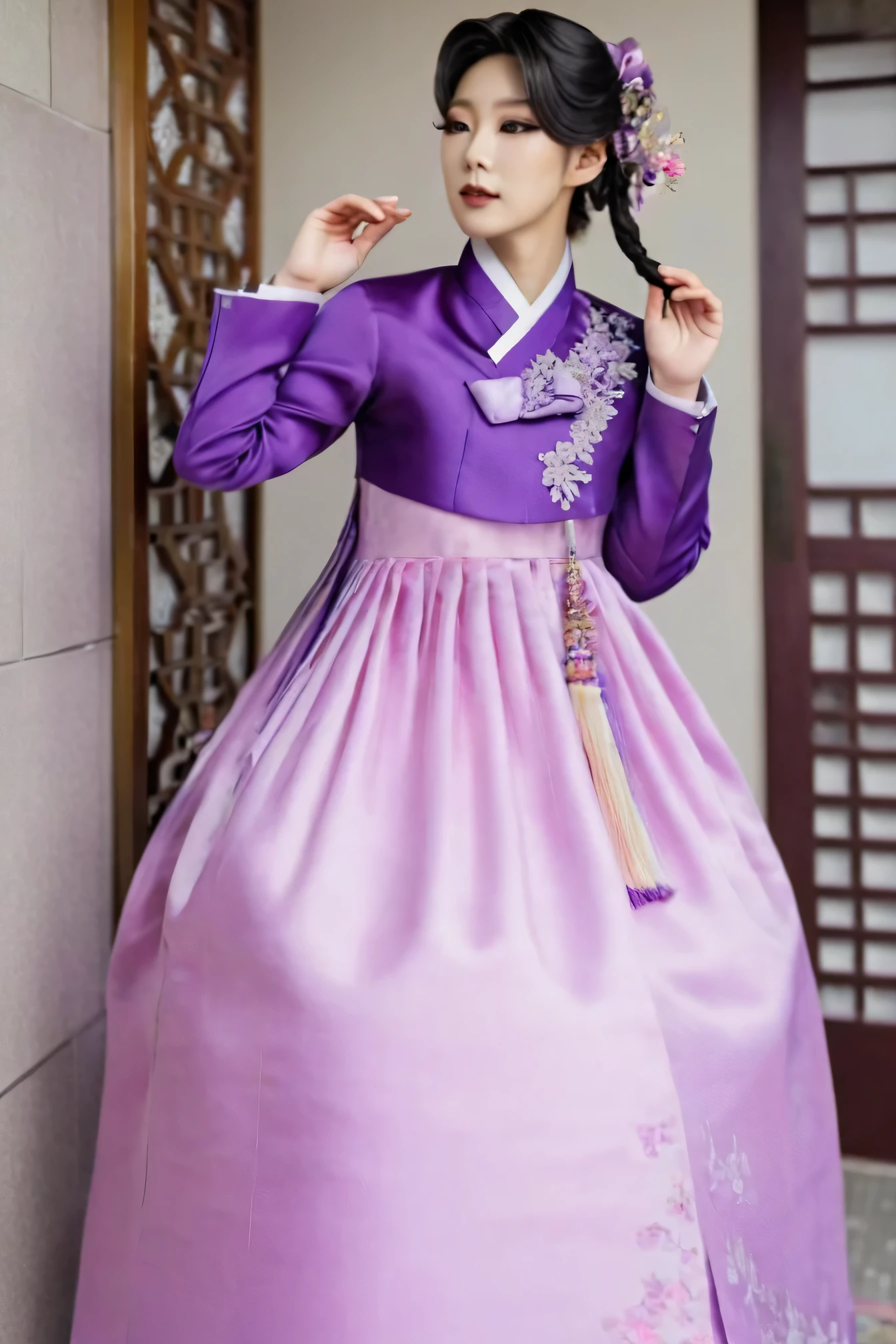 A Korean man in ladies victorian dresses, he is crossdresser, big breasts like a woman, slender female body, His hairstyle is short and manly, long sleeves, purple, hanbok dress, silk, satin