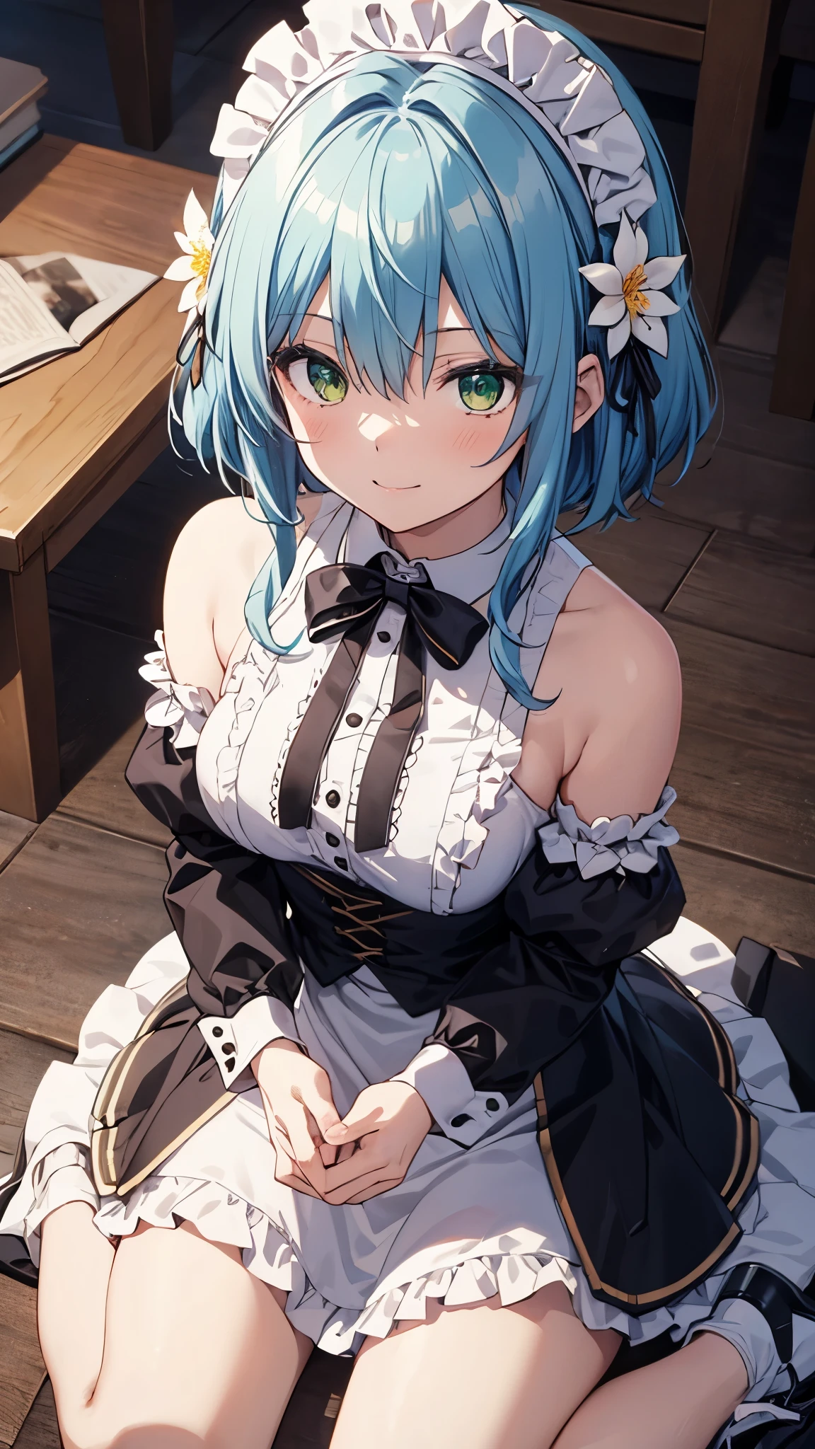 VILLHAZE, 1GIRL, BLUE HAIR, SHORT HAIR, BANGS, GREEN EYES , HAIR BETWEEN EYES, HAIR ORNAMENT, MAID HEADDRESS, HAIR FLOWER, SIDELOCKS, MEDIUM BREASTS,smile,
WHITE SHIRT, FRILLED SHIRT, NECK RIBBON, BARE SHOULDERS, DETACHED SLEEVES, PUFFY SLEEVES, LONG SLEEVES, BLACK SLEEVES, MAID, WAIST APRON, BLACK SKIRT,(from above:1.3),sitting,(wariza:1.5),masterpiece,Noise Reduction,perfect anatomy,high resolution, ultra-detailed, ultra-detailed face,game cg,dutch angle ,beautiful detailed eyes,visualart,five fingers, perfect hands, perfect lighting, sparkling pupils,