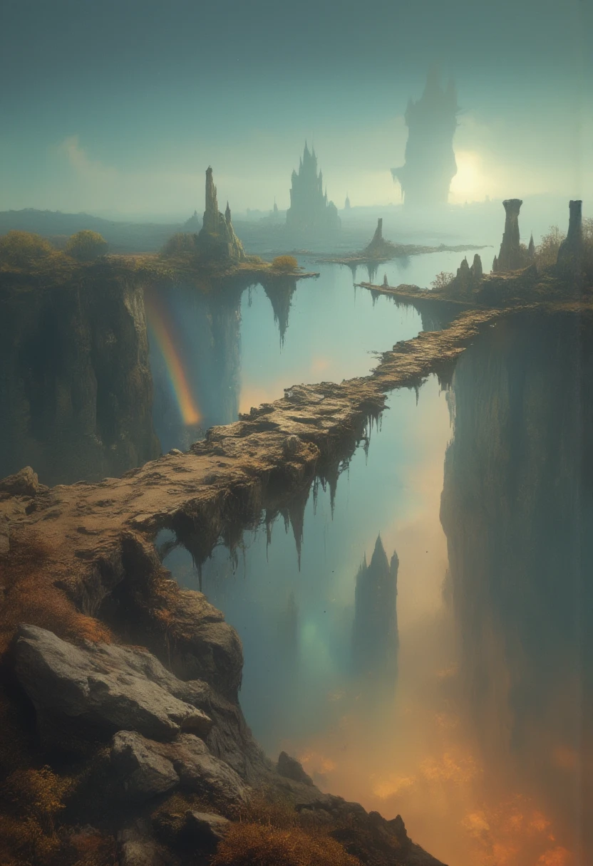 very old bridge\(floating in the sky, on the verge of breaking down, stretches far away to castle from the foreground\) connected to an ancient castle floating in the sky. in the very deep thick fog and very deep thick haze. Dazzling light pours down from the sky and reflects diffusely through the fog.Many rainbows are shining through the mist.