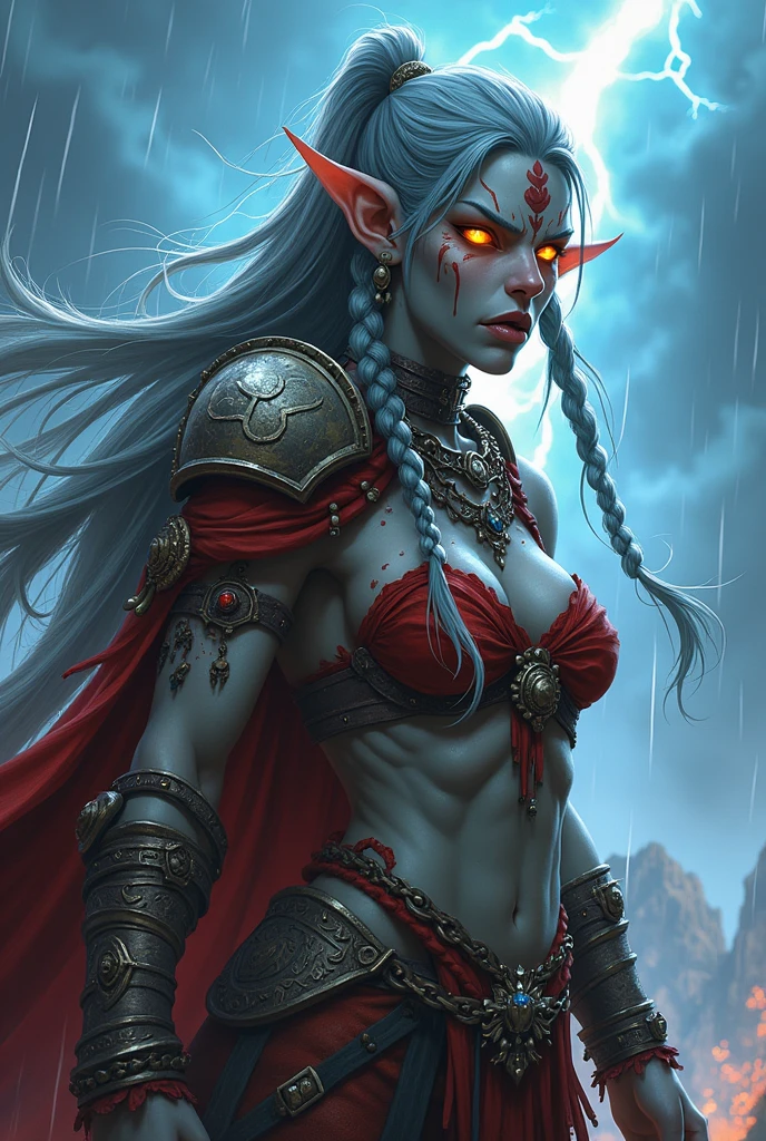 1girl she wow orc weaing Bloodfang, muscular, glowing eyes, face paint, fangs, tusks, perfect eyes, perfect face,realistc ,particles, beautiful, masterpiece, high quality, bare chest, erect nipples, Pubic hair, hairy pubis, full length, ultrarealism, Hipperrealism, surrealism, hd, 8k octane rendering