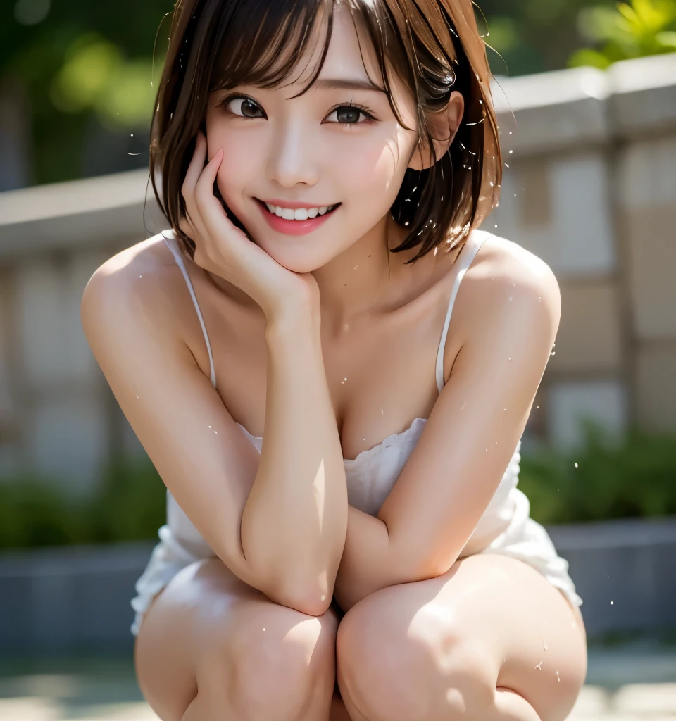     best quality、8k、masterpiece、    ultra high resolution、Clear Photo、Realistic、 professional lighting、    natural light、(   Very cute girl、      pretty girl  、  Cute Yuki Yoda 、The cutest in the world  )、baby face、smile、    very short hair:1.6、    thin waist、 shower :1.2、( Wet )、    Glowing Skin、 Wet髪 、    Half naked    、( Crouching with legs closed )