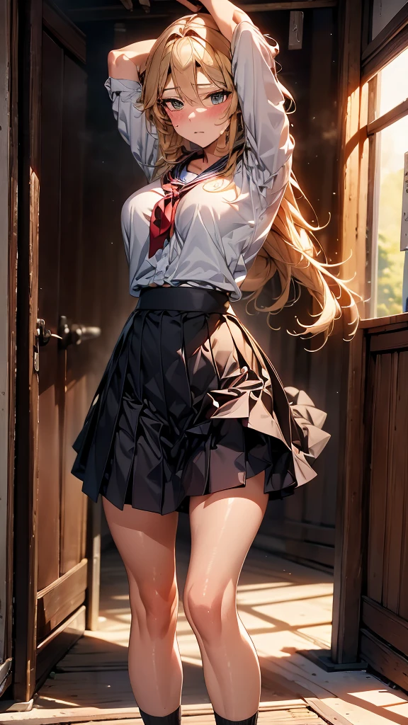 a high school girl walking up stairs, alone, mature and attractive appearance, looking back at the viewer, (holding down her mid-length skirt with both hands:1.5, without revealing her underwear), highly detailed and accurate, with a lovely expression of reluctant dislike, a mischievous smile, (low angle shot:1.4), ARW, cute shyness, holding down her skirt