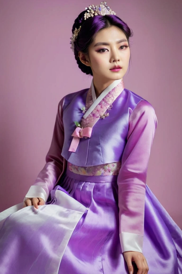 A Korean man in ladies victorian dresses, he is crossdresser, big breasts like a woman, slender female body, His hairstyle is short and manly, long sleeves, purple, hanbok dress, silk, satin, see-through jacket, full body shot, sit quietly