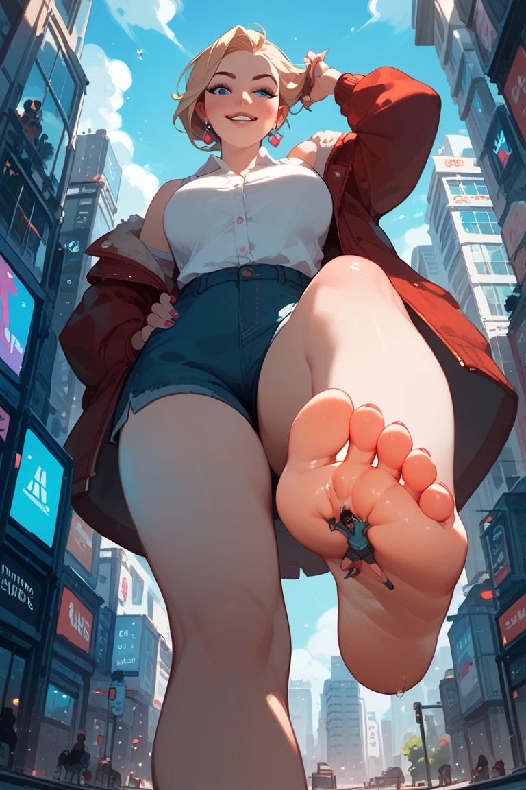 A close up view of feet pov Giantess girl who stands up between two city buildings 