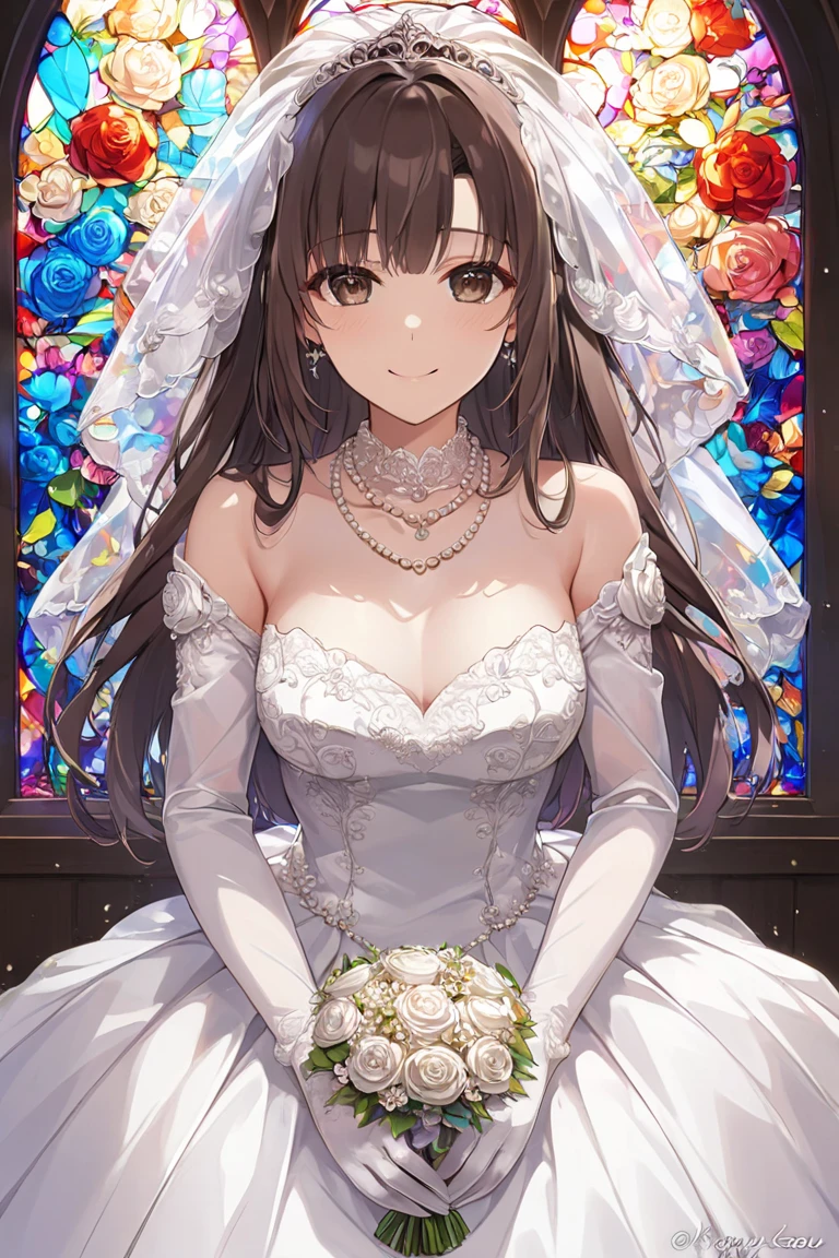 ((( best quality, 8k, masterpiece: 1.3)), (( best quality)), ((masterpiece)), (  Details),  perfect face,  perfect body, (  Details skin:1.3), ( intricate detail), ball gown wedding dress,  pearl necklace , bouquet, Megumi Katou,dark brown hair, dark brown eyes, long hair,  wedding ring , Chapel,  happy , smile, Alone,  Stained Glass