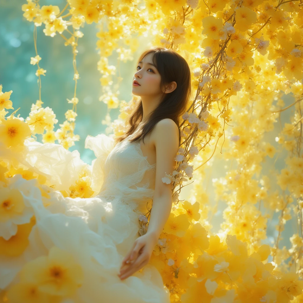 Vector art, featuring a young East-Asian woman with an air of melancholic reverie, ensconced amidst a phantasmagoric bloom of chromatic hues. Rendered in a style reminiscent of Impressionism, the painting employs a vibrant, high-key palette dominated by ethereal yellows and punctuated by strokes of lavender and cerulean. The subject is positioned gracefully on a swing, suspended amidst a riotous profusion of flora, her diaphanous white gown cascading around her in delicate folds.

Her jet-black hair flows softly, framing her serene face with almond-shaped eyes that hold a quiet, wistful expression. The camera angle is slightly low, lending an air of gentle ascension to the composition, as if she is lightly floating amidst the scene.

The background dissolves into an abstract symphony of warm yellows, suggestive of a radiant, sun-drenched afternoon, blending harmoniously with soft teal and orange gradients. The overall ambiance evokes a sense of ephemeral beauty, tinged with a whisper of wistfulness. Symbolist chiaroscuro and tenebrist influences imbue the scene with depth and a subtle interplay of light and shadow, while volumetric lighting and a delicate halation effect enhance the dreamlike quality.

High-contrast details and fine film grain textures accentuate the scene, complemented by a high dynamic range and a gently applied S-curve gamma. The composition is imbued with an ethereal, nostalgic warmth that highlights the fleeting yet radiant beauty of the moment.