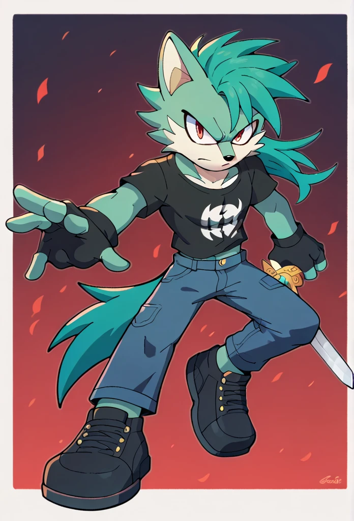 Male wolf, solo, black undershirt, black jean pants, black shoes, teal hair, red eyes, black fingerless gloves, serious look, masterpiece, best quality, holding sword