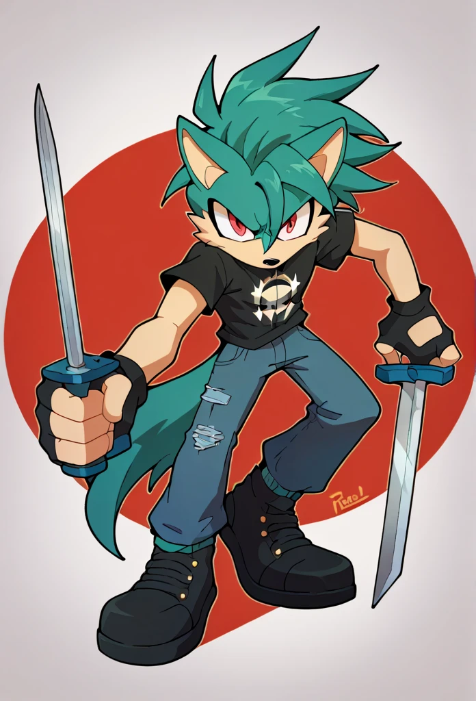 Male wolf, solo, black undershirt, black jean pants, black shoes, teal hair, red eyes, black fingerless gloves, serious look, masterpiece, best quality, holding sword