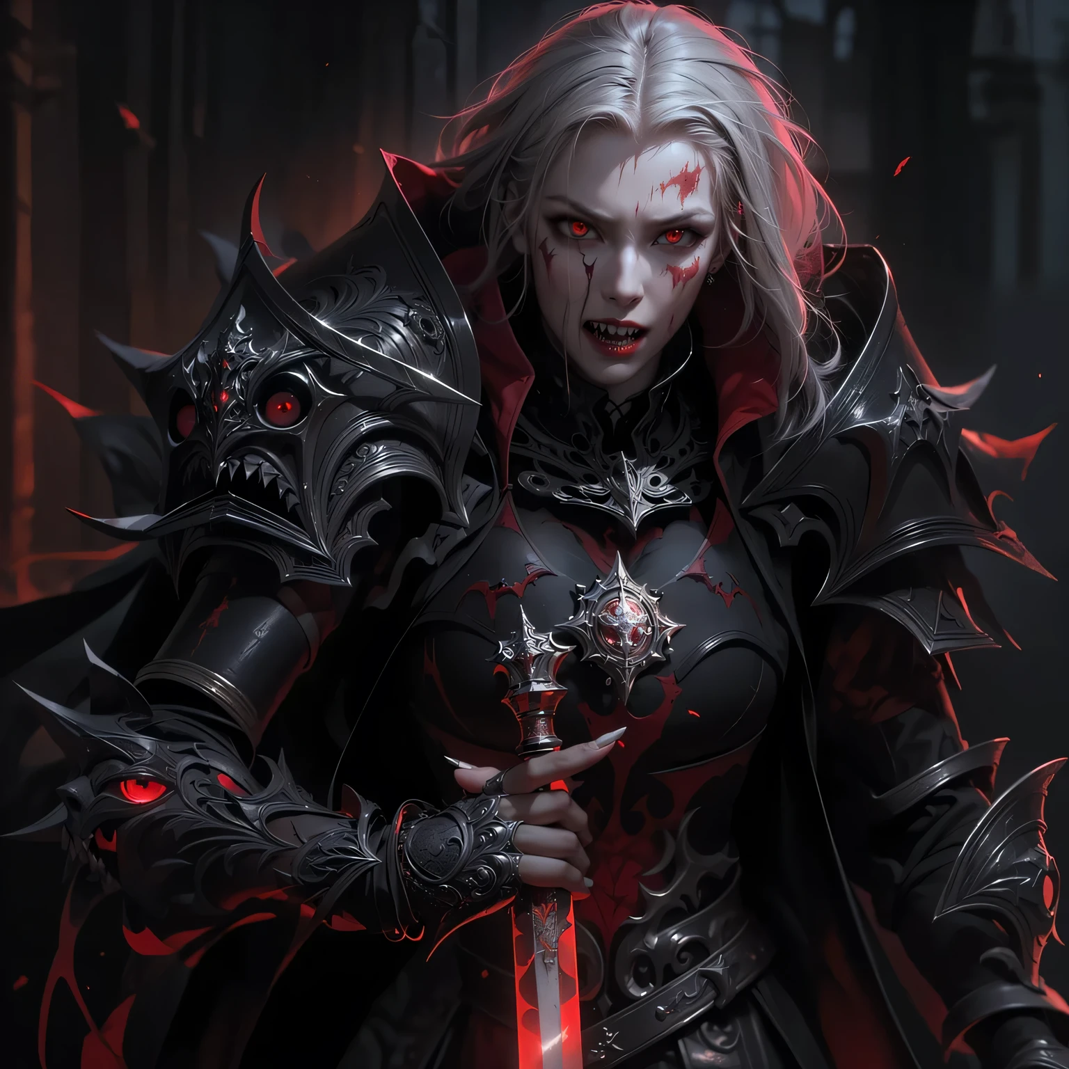 upper body, necromancer in ornate black armor summon a skeleton army , skull makeup, red collar, pauldrons, breastplate, corset, gray hair, green glowing eyes, bright pupils, eye focus, red cape, temple indoors, stained glass windows, night, moonlight, particles, green smoke, chromatic aberration, left hand on hips, bone scythe, ravens in bacground, 8K image quality, Masterpiece