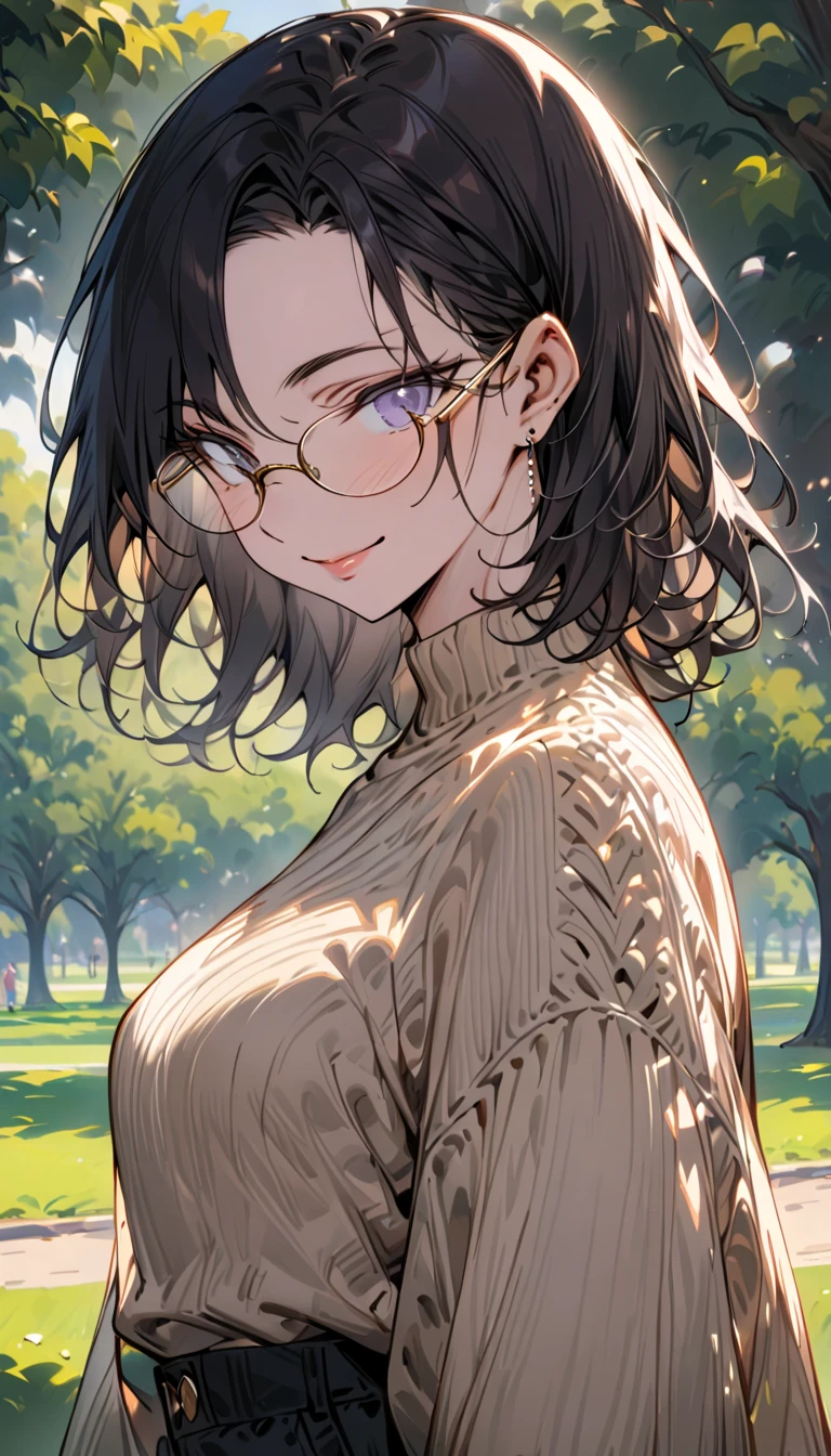 (masterpiece, best quality, super detailed),( anatomically correct), Portrait ,( mature woman with dark hair ,Medium-long hairstyle,Large black-rimmed glasses ,(whole body:1.6)),Date at the park , has a smiling face ,beige knit with black shorts, walking ,(Small breast size)