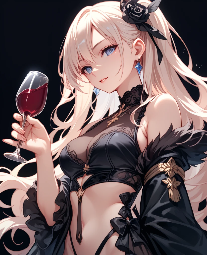 1girl. Anime image, low-key, in the dark, black background, holding a glass of wine 