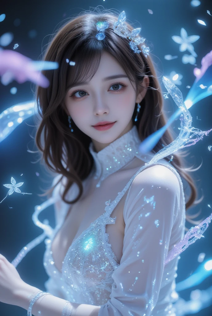  Beautiful Virtual Idols  ,  Detailed Digital Avatars  ,  Bright Holographic Figure , Clear Sparkling Skin  ,  detailed facial features ,  charming smile  , Delicate expression, Long flowing hair,  Elegant Poses  ,  Surreal Futuristic Environments  ,  multifaceted dynamic lighting , Neon Glowing Details  , Cinematic composition,  Brilliant Color Palettes  , Details as in the picture , masterpiece ,  full body photo