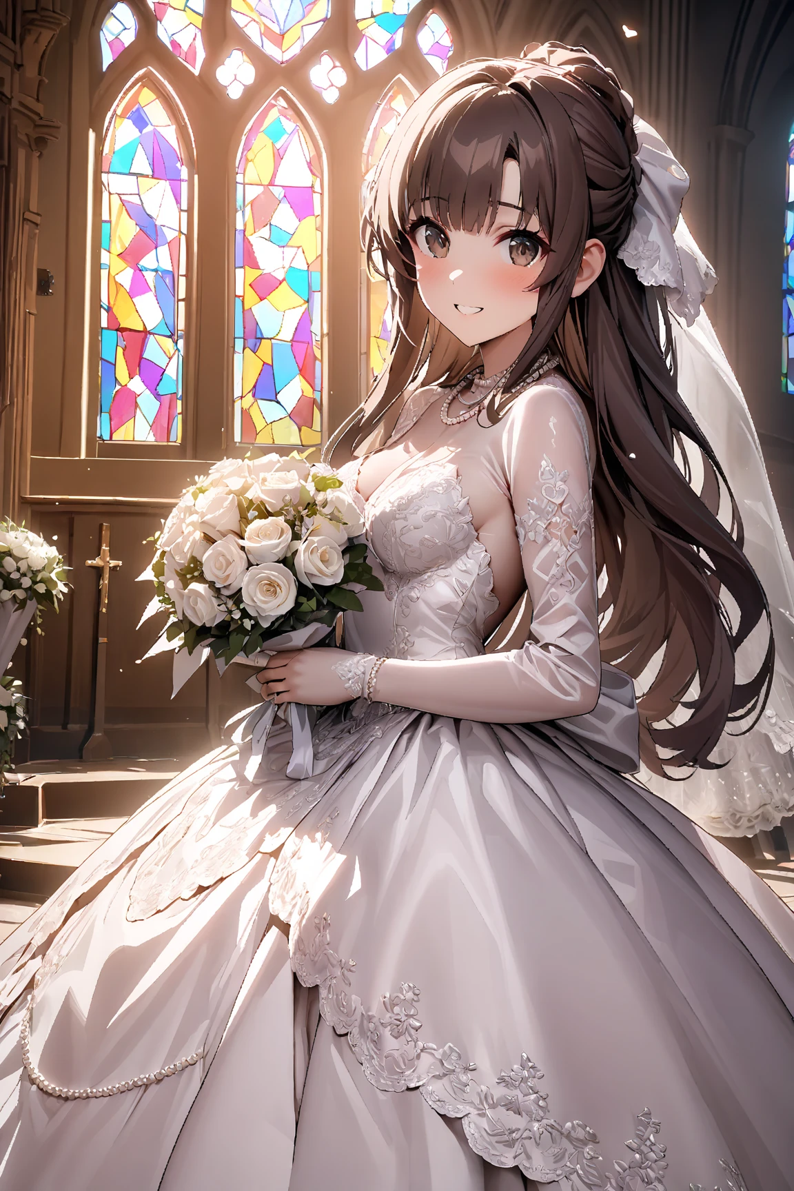 ((( best quality, 8k, masterpiece: 1.3)), (( best quality)), ((masterpiece)), (  Details),  perfect face,  perfect body, (  Details skin:1.3), ( intricate detail), ball gown wedding dress,  pearl necklace , bouquet, Megumi Katou,dark brown hair, dark brown eyes, long hair,  wedding ring , Chapel,  happy , smile, Alone,  Stained Glass