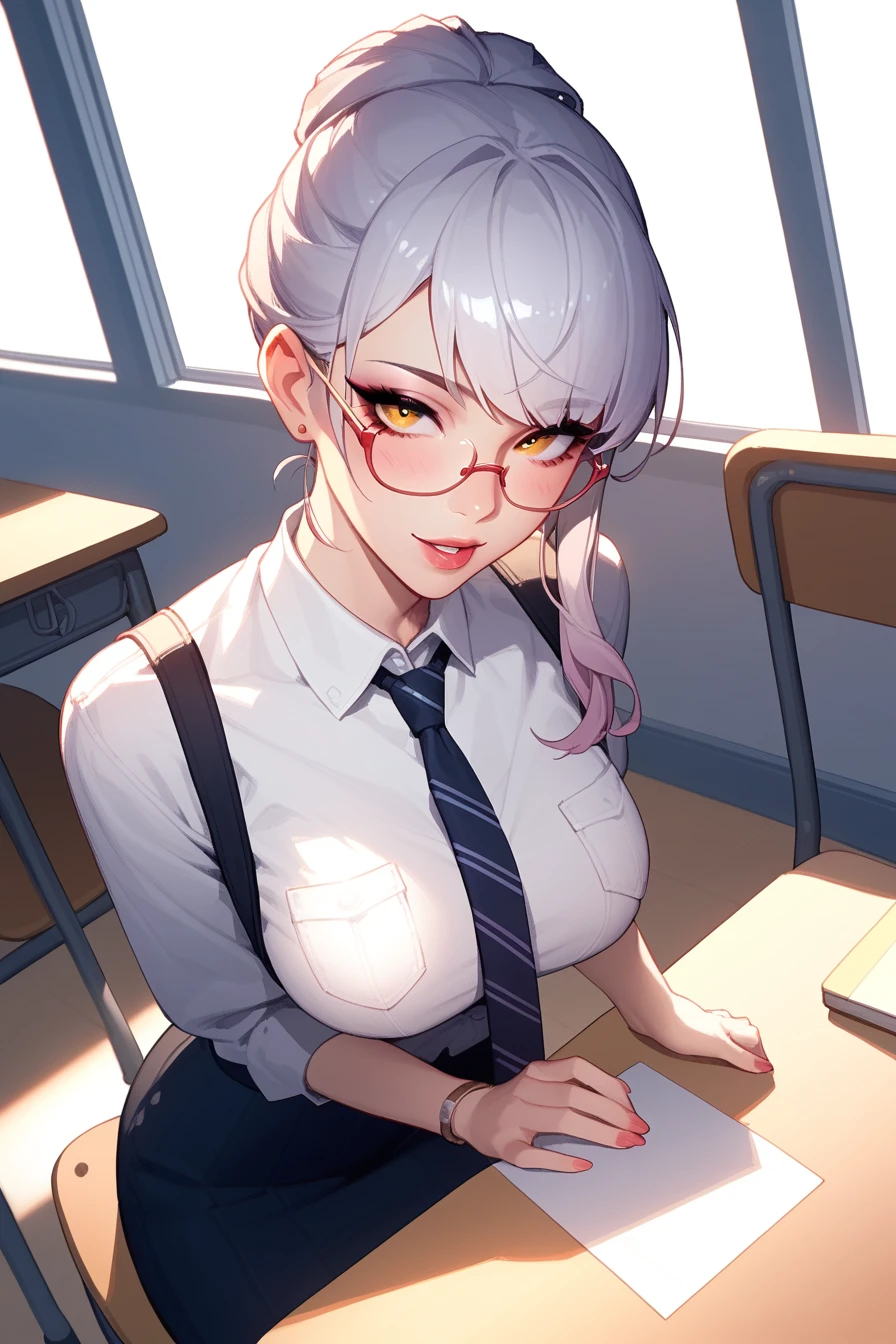 above angle, anime, naughty girl like Evelynn, arrogant facial, necktie, glasses, in the classroom, evening light, (LOL-series)