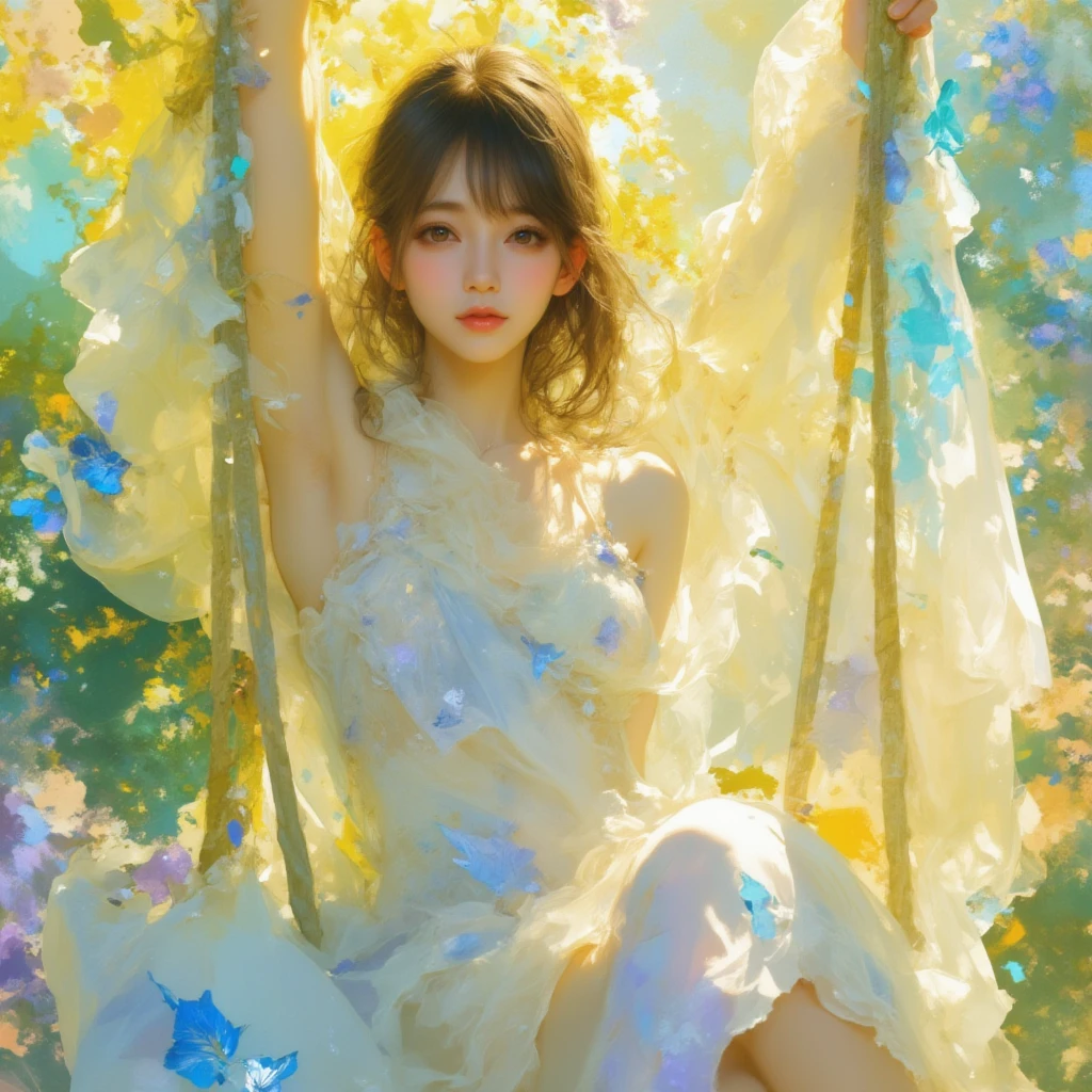 Vector art, featuring a young East-Asian woman with an air of melancholic reverie, ensconced amidst a phantasmagoric bloom of chromatic hues. Rendered in a style reminiscent of Impressionism, the painting employs a vibrant, high-key palette dominated by ethereal yellows and punctuated by strokes of lavender and cerulean. The subject is positioned gracefully on a swing, suspended amidst a riotous profusion of flora, her diaphanous white gown cascading around her in delicate folds.

Her jet-black hair flows softly, framing her serene face with almond-shaped eyes that hold a quiet, wistful expression. The camera angle is slightly low, lending an air of gentle ascension to the composition, as if she is lightly floating amidst the scene.

The background dissolves into an abstract symphony of warm yellows, suggestive of a radiant, sun-drenched afternoon, blending harmoniously with soft teal and orange gradients. The overall ambiance evokes a sense of ephemeral beauty, tinged with a whisper of wistfulness. Symbolist chiaroscuro and tenebrist influences imbue the scene with depth and a subtle interplay of light and shadow, while volumetric lighting and a delicate halation effect enhance the dreamlike quality.

High-contrast details and fine film grain textures accentuate the scene, complemented by a high dynamic range and a gently applied S-curve gamma. The composition is imbued with an ethereal, nostalgic warmth that highlights the fleeting yet radiant beauty of the moment.