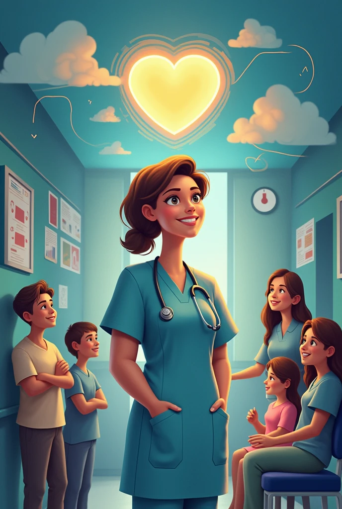 Central Figure: A nurse standing at the center, depicted as a compassionate and attentive caregiver. They are surrounded by patients, families, and medical tools.
Heart Symbol: Above the nurse, a large, glowing heart represents empathy and compassion, radiating warmth and care.
Knowledge and Skills: To one side, visual elements like books, a stethoscope, and medical charts illustrate the technical expertise and knowledge.
Communication Lines: Wavy lines connect the nurse to patients and family members, symbolizing ongoing communication and support.
Advocacy Shield: A shield in front of the nurse represents protection and advocacy, showing the role of the nurse in defending patient needs and rights.
Background: A diverse setting showing various environments like a hospital room and a home care setting, illustrating the versatility of nursing roles.