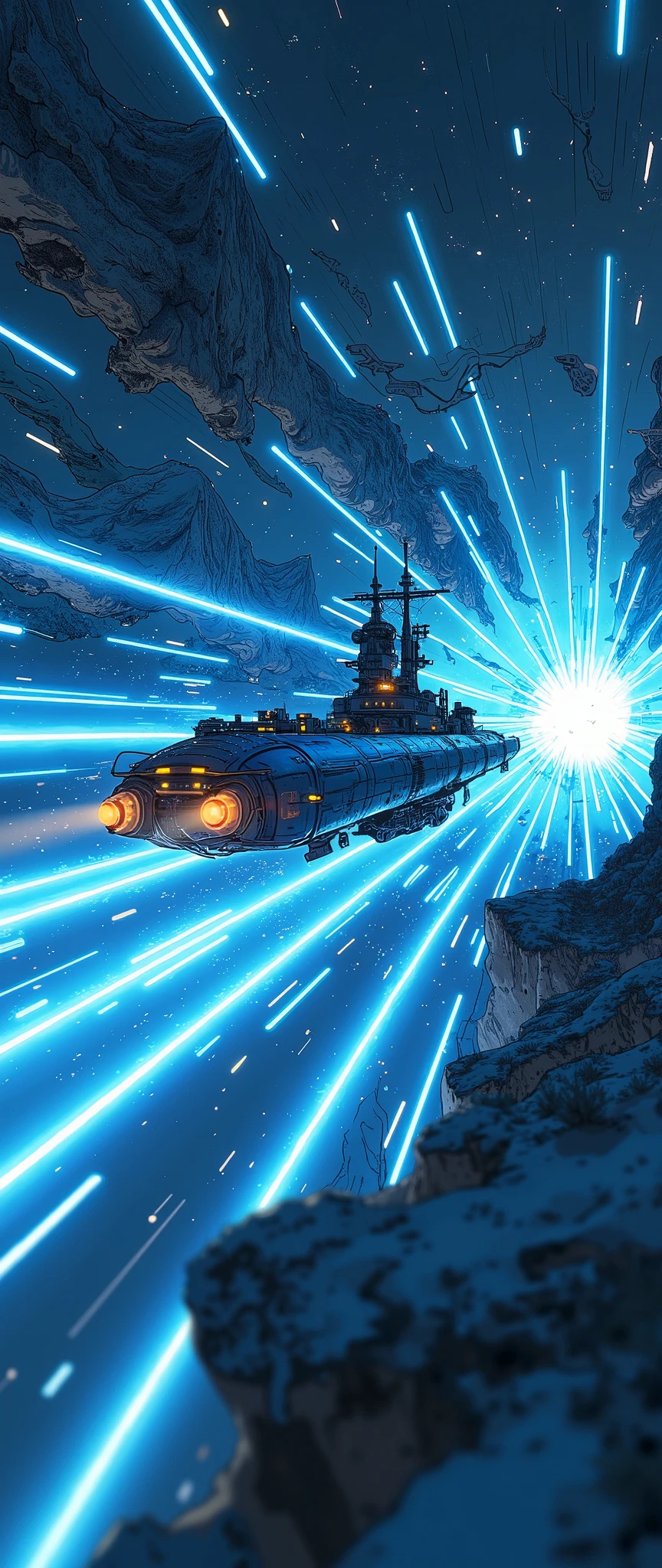 (masterpiece:1.2,Outstanding quality,Mirror finish, Cinematic Experience),8k,wallpaper,Realistic,( battleship type spacecraft warps with beautiful lines of light :2.0),(SF:2.0),(A streamlined spaceship reminiscent of the battleship Yamato:2.0),(dynamic),( beautiful light particles are being emitted from the wave engine at the stern:2.0),(Express super speed of light with beautiful blue and white light lines :2.0),( The background is a wormhole and subspace  :2.0),( motion blur),(Vivid colors:2.0)