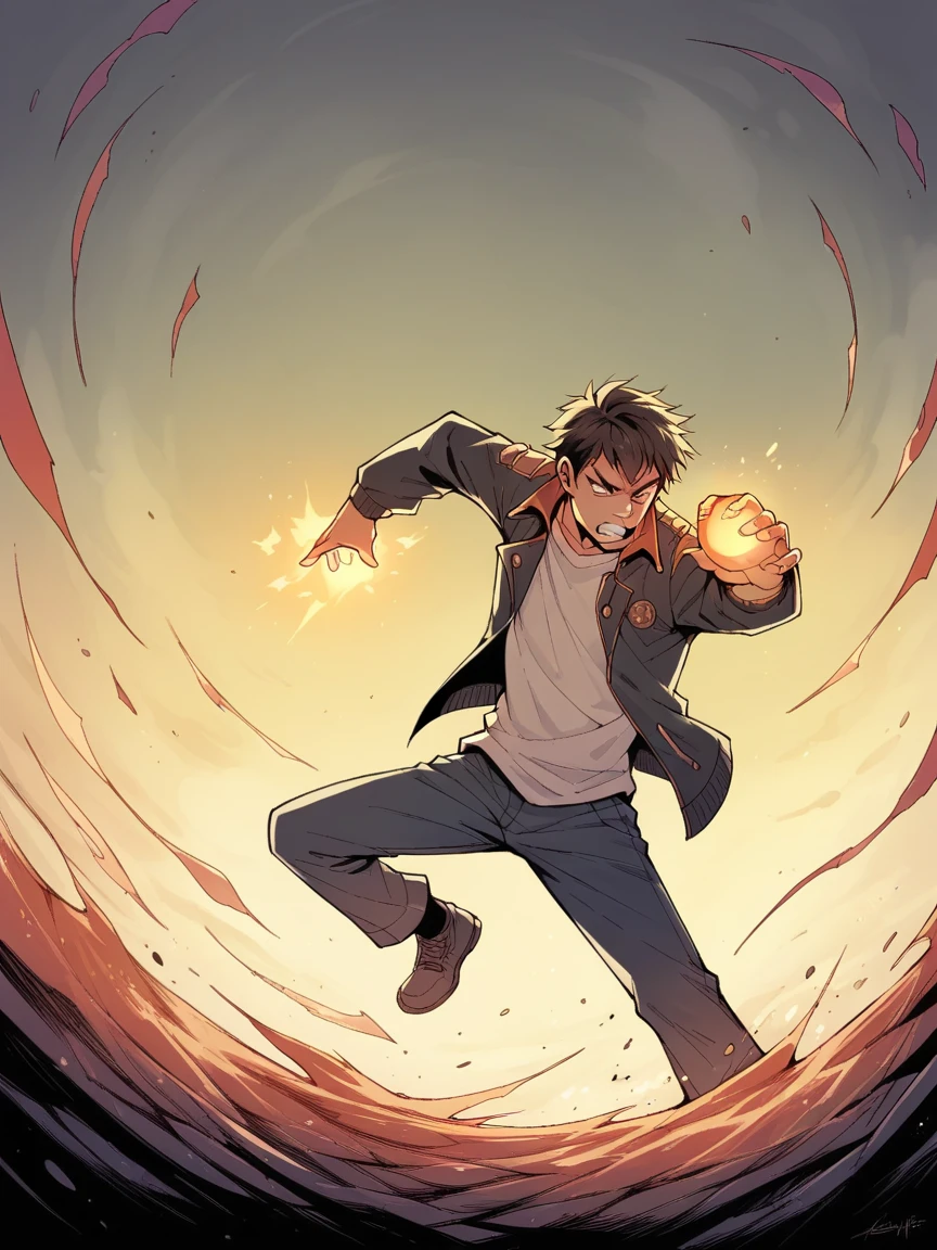 A cartoon-style illustration of a slightly muscular man in his 20s with short hair, wearing a casual bomber jacket. The man is mid-action, throwing a ball with one hand in a dynamic and confident pose. His stance is athletic, with visible muscle definition emphasized under the jacket, and his expression is focused and determined. The background is minimalistic and neutral, with lighting used to highlight his movement and build. The ball is depicted mid-air, showing the motion and energy of the action.