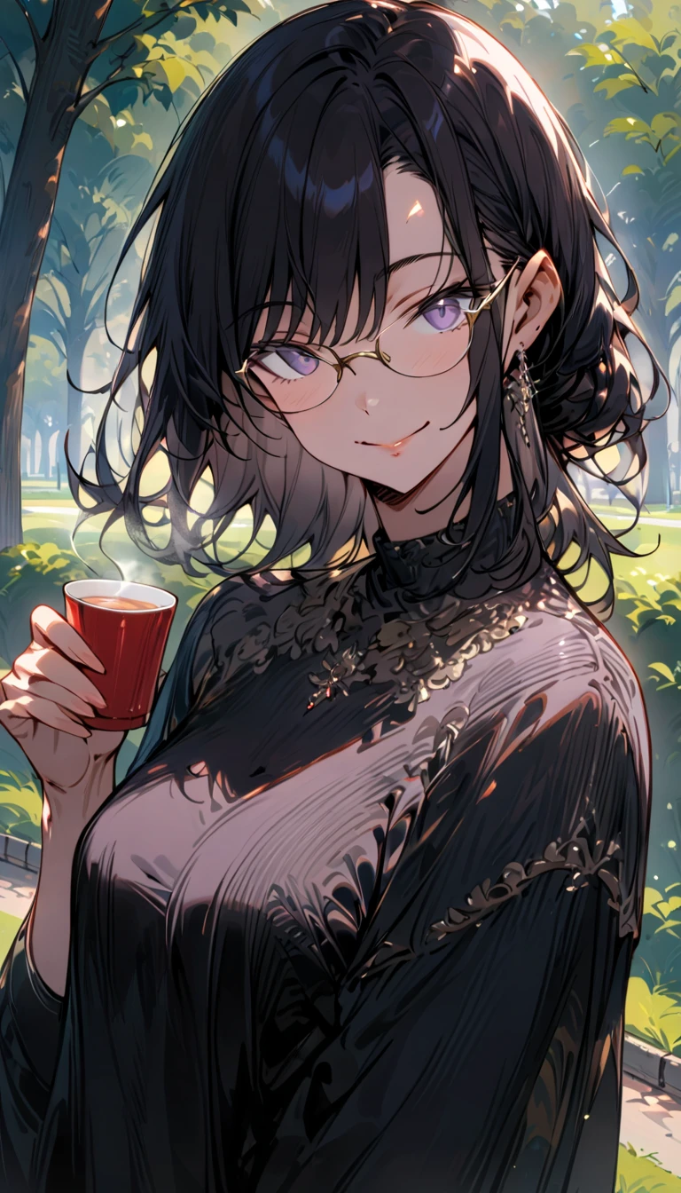 (masterpiece, best quality, super detailed),( anatomically correct), Portrait ,( mature woman with dark hair ,Medium-long hairstyle,Large black-rimmed glasses ,(whole body:1.6)),Date at the park , has a smiling face , black shorts,Drinking tea,(Small breast size), frontal angle 