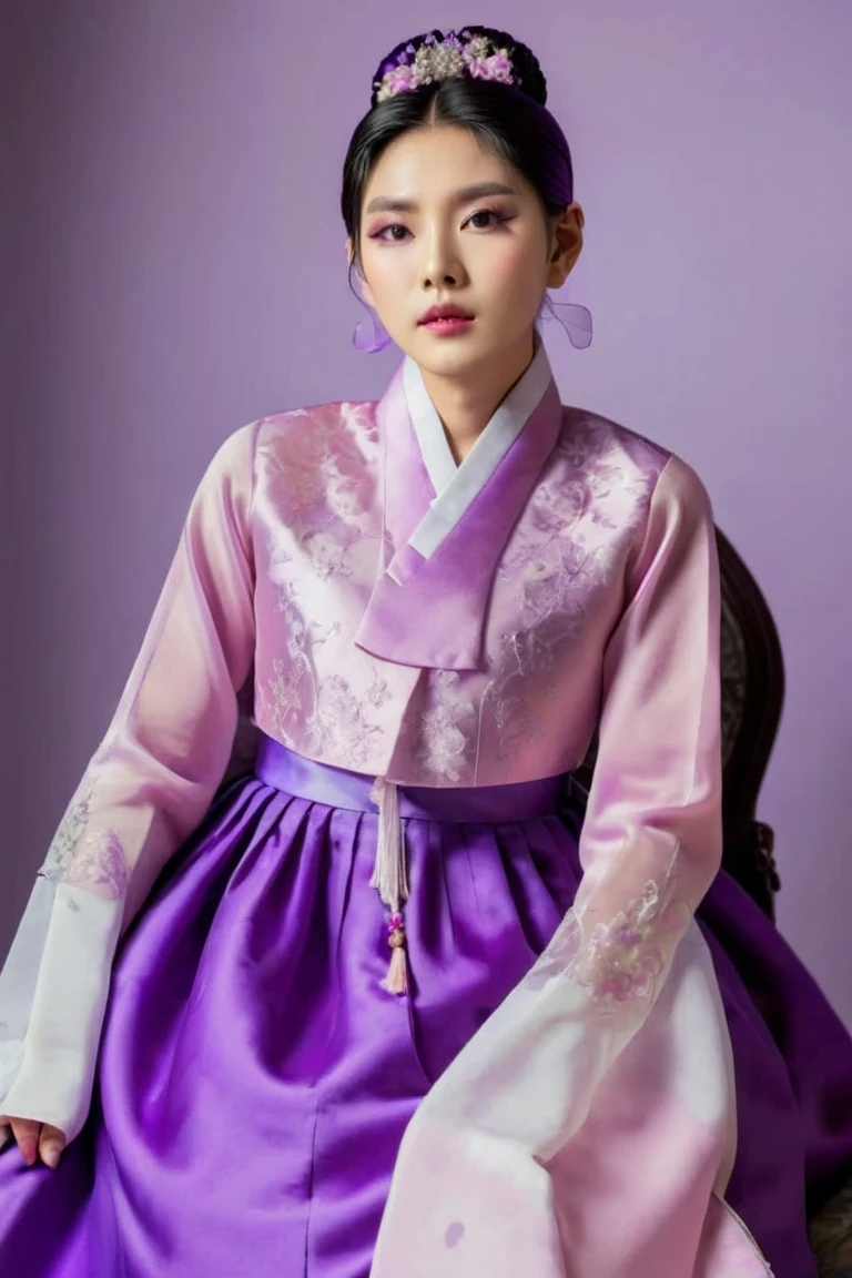 A Korean man in ladies victorian dresses, he is crossdresser, big breasts like a woman, slender female body, His hairstyle is short and manly, long sleeves, purple, hanbok dress, silk, satin, see-through jacket, full body shot, sit quietly