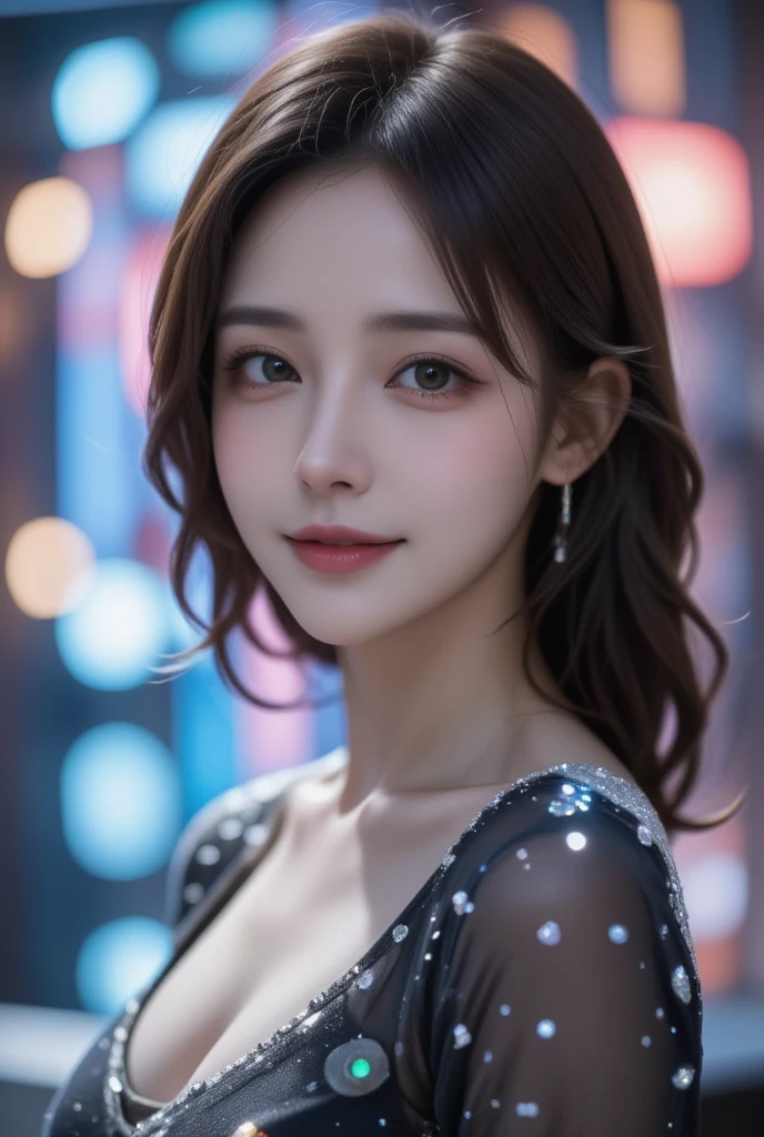  Beautiful Virtual Idols  ,  Detailed Digital Avatars  ,  Bright Holographic Figure , Clear Sparkling Skin  ,  detailed facial features ,  charming smile  , Delicate expression, Long flowing hair,  Elegant Poses  ,  Surreal Futuristic Environments  ,  multifaceted dynamic lighting , Neon Glowing Details  , Cinematic composition,  Brilliant Color Palettes  , Details as in the picture , masterpiece ,  full body photo