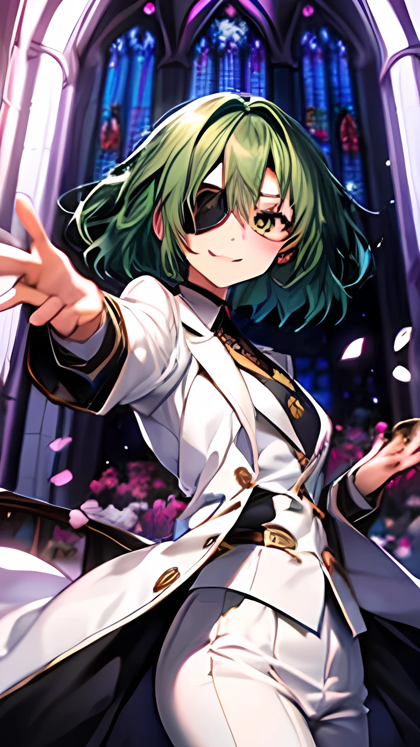  one girl who is at ease， green hair，Eye patch， white suit， watching here， and reaches out here， gentle smile， fluttering petals ， church，Dazzling Light，masterpiece， High Quality，