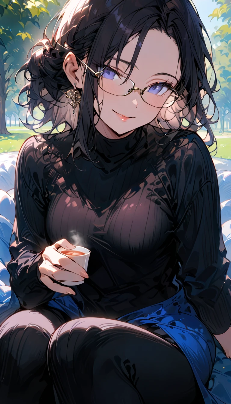 (masterpiece, best quality, super detailed),( anatomically correct), Portrait ,( mature woman with dark hair ,Medium-long hairstyle,Large black-rimmed glasses ,(whole body:1.6)),Date at the park , has a smiling face , black shorts,I'm sitting on a blue sheet drinking tea,(Small breast size), frontal angle 