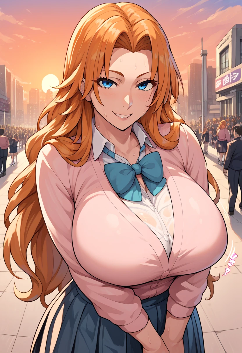 BREAK 1girl,Rangiku Matsumoto , long hair, blue eyes, orange hair, large breasts, sweat, sound effects, School uniform, looking at you, smile, BREAK score_9, score_8_up, score_7_up, score_6_up, source_anime BREAK (outdoor, huge crowd),city,sunset,