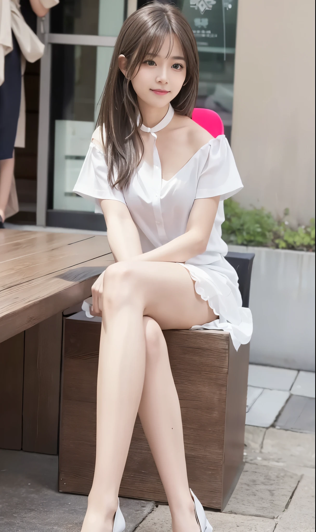 (8k、top-quality、masters:1.2)、(realistic、Photorealistic:1.37)、Ultra-detailed、1 girl in、looking at the spectator、cute little、Beautiful detailed sky、Detailed Cafe、Sitting on a chair for afternoon tea、full body Esbian、(A smile:1.15)、silently、mid-chest、Burst Shirt Button、Beautiful delicate eyes、(shirt with collar:1.1)、during daytime、sunlights、White lace、(length hair:1.4)、shoulder length hair、 silber hair、School Uniform、white skinned、movie lights、streetlights、(sexiest actress:1.4)、fully body photo、(coffee table:1)、(hand bag:1)、ulzzang -6500-v1.1:0.3、karinak-4501-6300:1.2、long legged、high-heels、