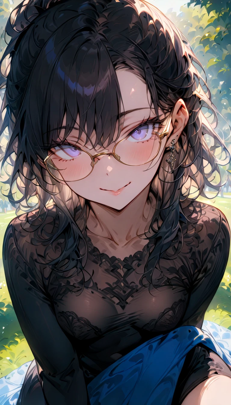 (masterpiece, best quality, super detailed:1.6),( anatomically correct), Portrait ,( mature woman with dark hair ,Medium-long hairstyle,Large black-rimmed glasses ,(whole body:1.6)),Date at the park , has a smiling face , black shorts,I'm sitting on a blue sheet drinking tea,(Small breast size), frontal angle 