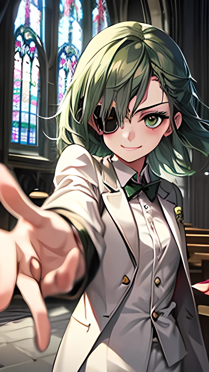  one girl who is at ease， green hair， shortcuts， shortcuts， shortcuts，Eye patch(right eye)， white suit， watching here， and reaches out here， gentle smile， fluttering petals ， church，Dazzling Light，masterpiece， High Quality，