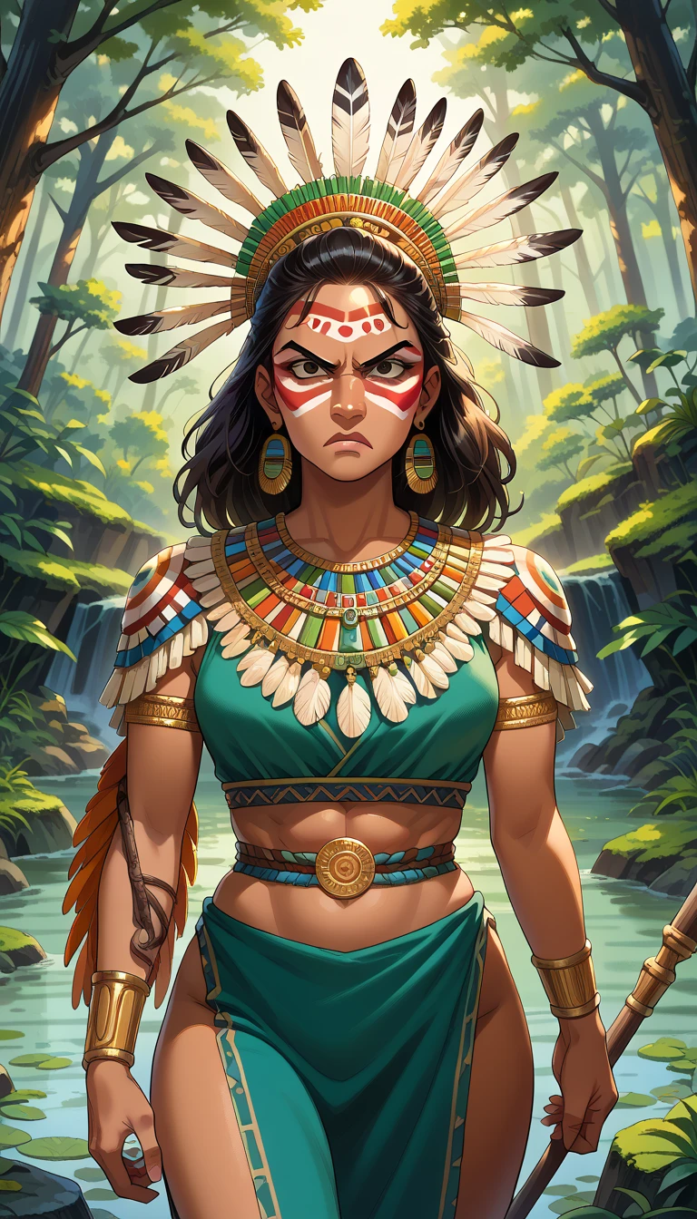 Comic Arts,  digital painting . A beautiful native Indian warrior with feathers and feathers on her head,spear in hand, Angry face,  Amazonian indigenous peoples in Brazil  ,  beautiful young native Brazilian woman , paint face, Warm body, Athletic body,  Yanomami Indian in typical costumes, porn movie . Amazon rainforest and river bottom. vivid colors ,  cinematographic lighting. detailed, intricate, detailed face.
