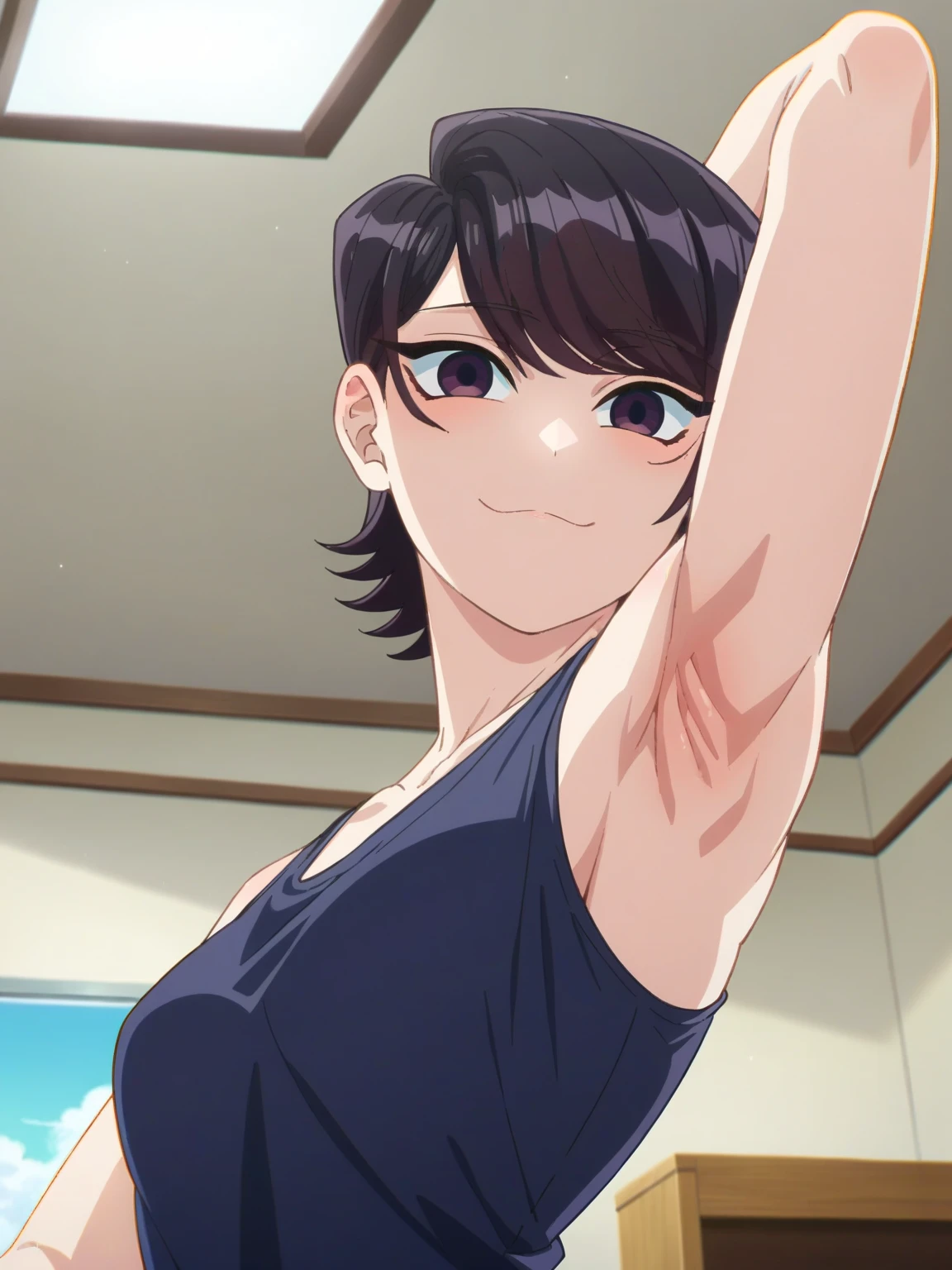 score_9, score_8_up, score_7_up, source_anime, anime screencap, 1girl, solo, indoors, day, Komi Shouko, purple eyes, black hair, short hair, bangs, medium breasts, black tanktop, bare shoulders, bare arms, looking at viewer, eye contact with viewer, head towards viewer, smile, (smug:0.9), closed mouth, arm behind head, armpit, armpit up close, close-up of armpit, from side, from below, detailed armpits